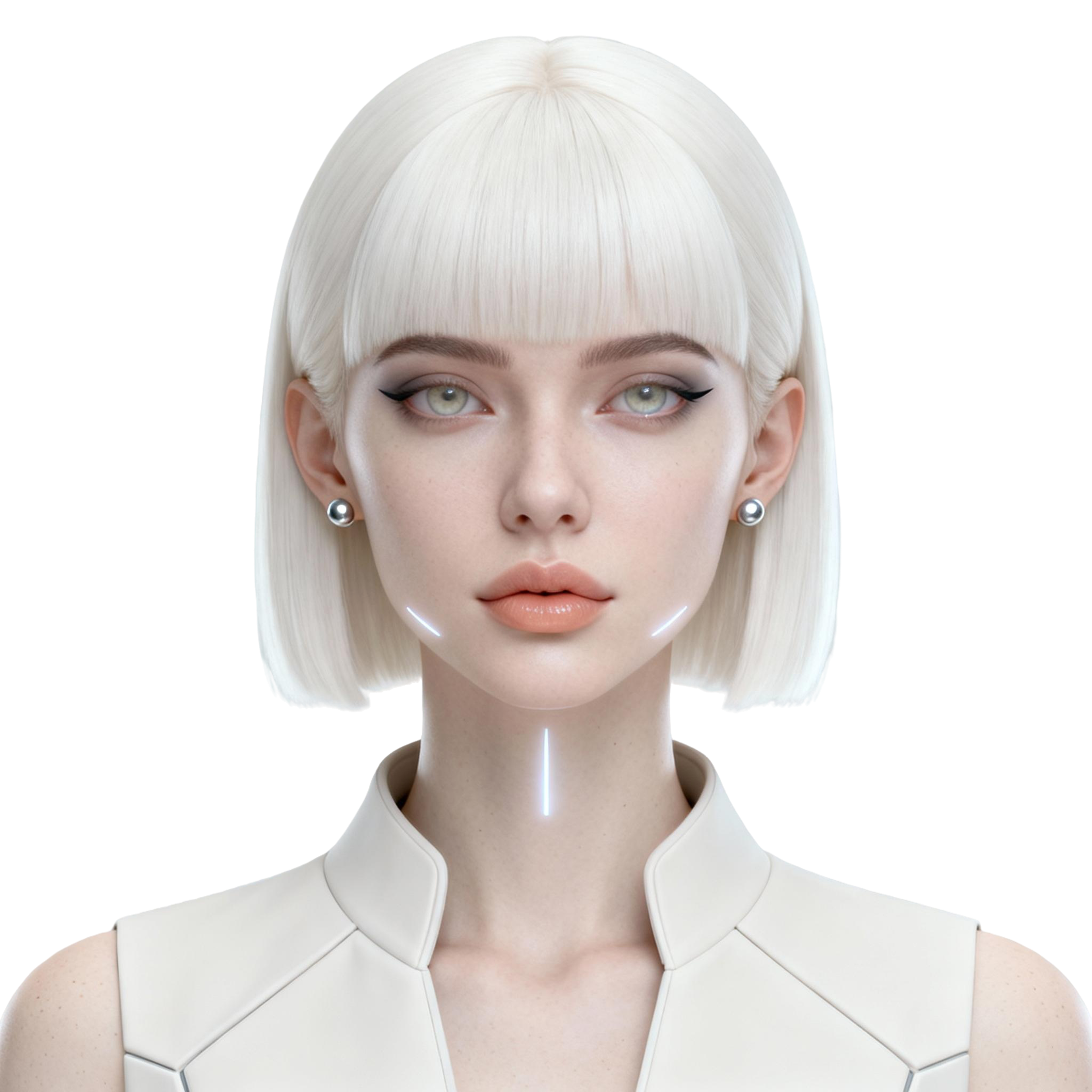 AI-generated portrait of a young woman with a straight platinum bob and smooth skin, wearing a minimalist white high-neck top, posed with a neutral expression against a transparent background in balanced lighting.