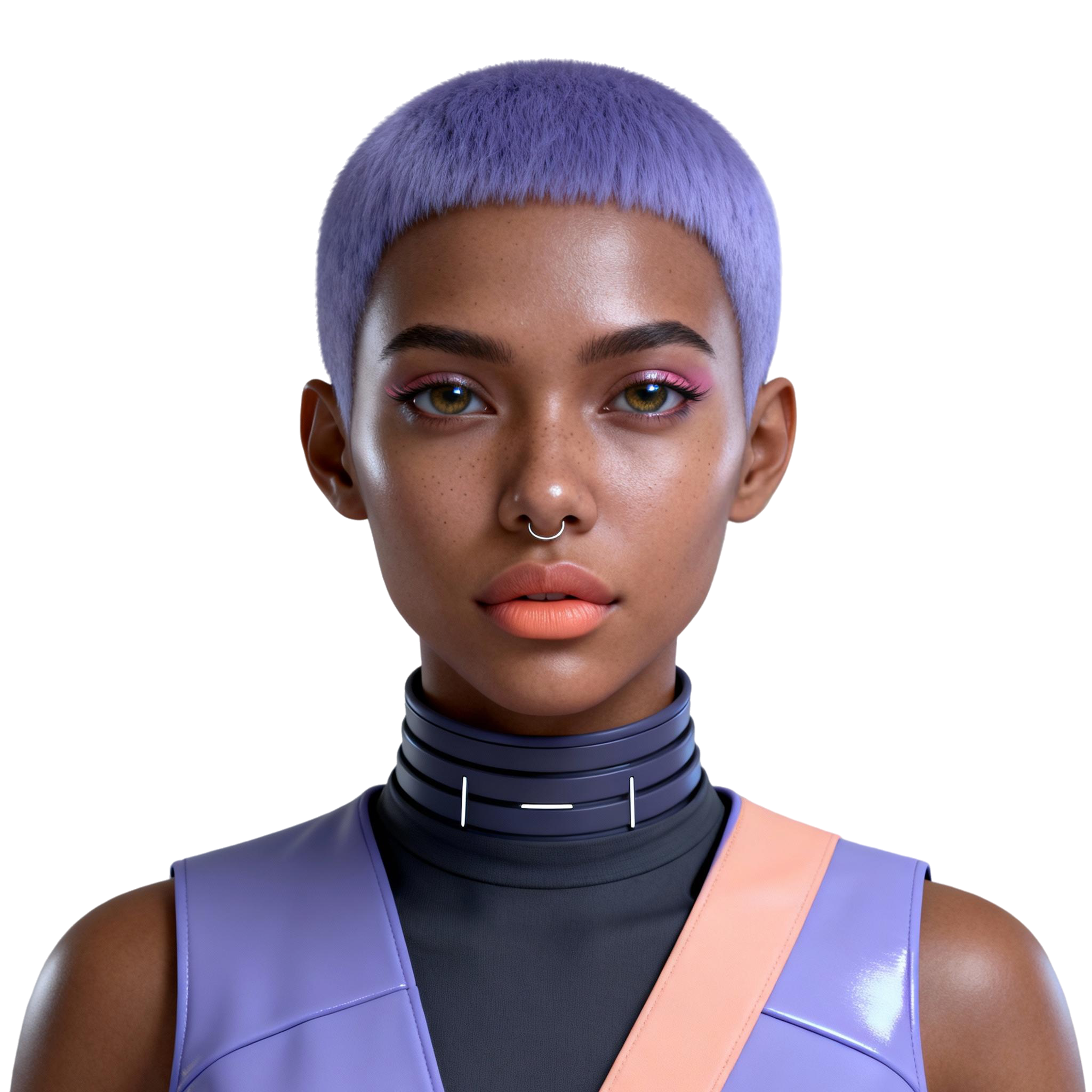 AI-generated portrait of a young woman with very short lavender hair and smooth skin, wearing a futuristic sleeveless top with a high collar, posed with a calm expression against a transparent background in balanced lighting.