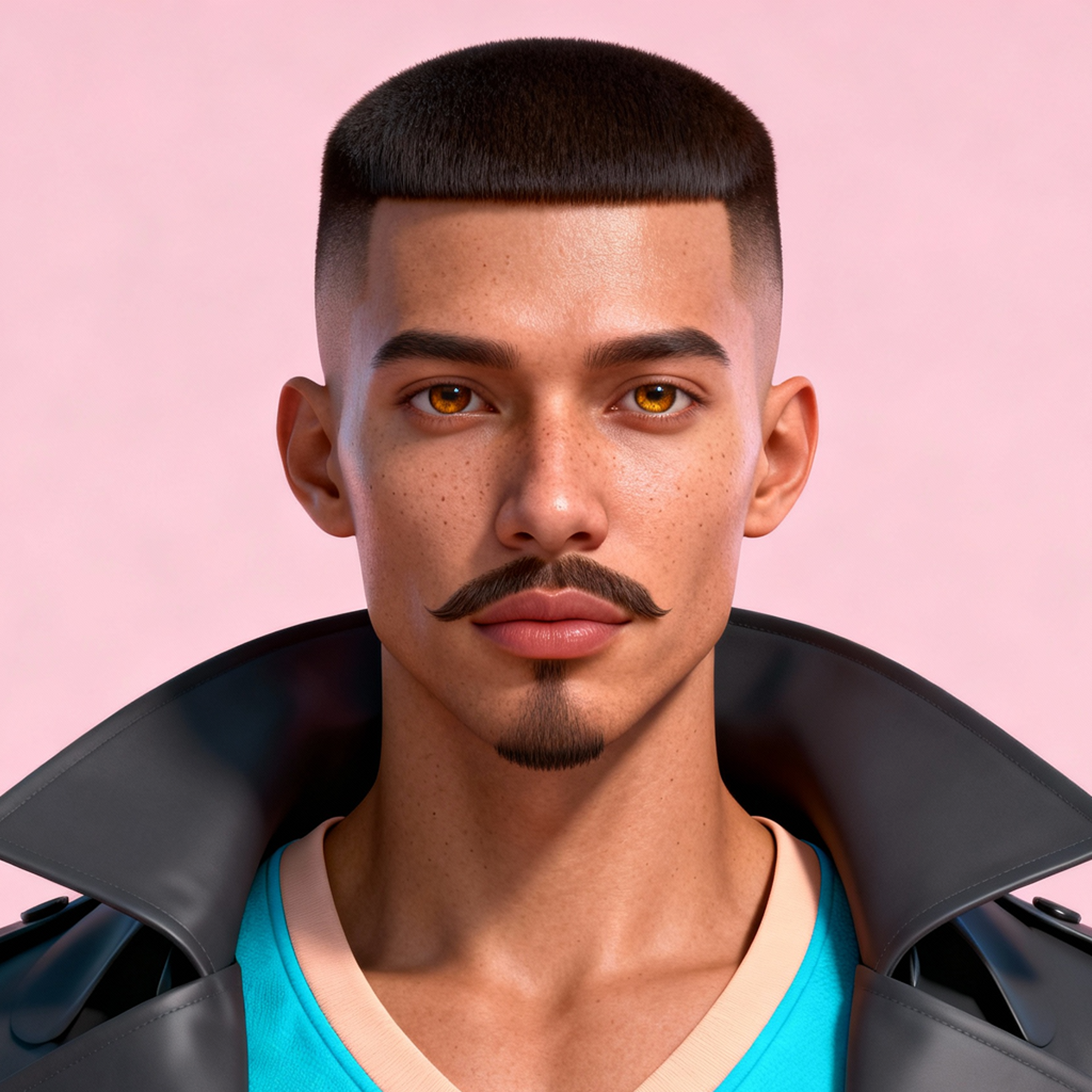 AI-generated portrait of a young man with short styled hair and a trimmed mustache, wearing a structured futuristic coat, posed with a neutral expression against a soft peach background in balanced lighting.