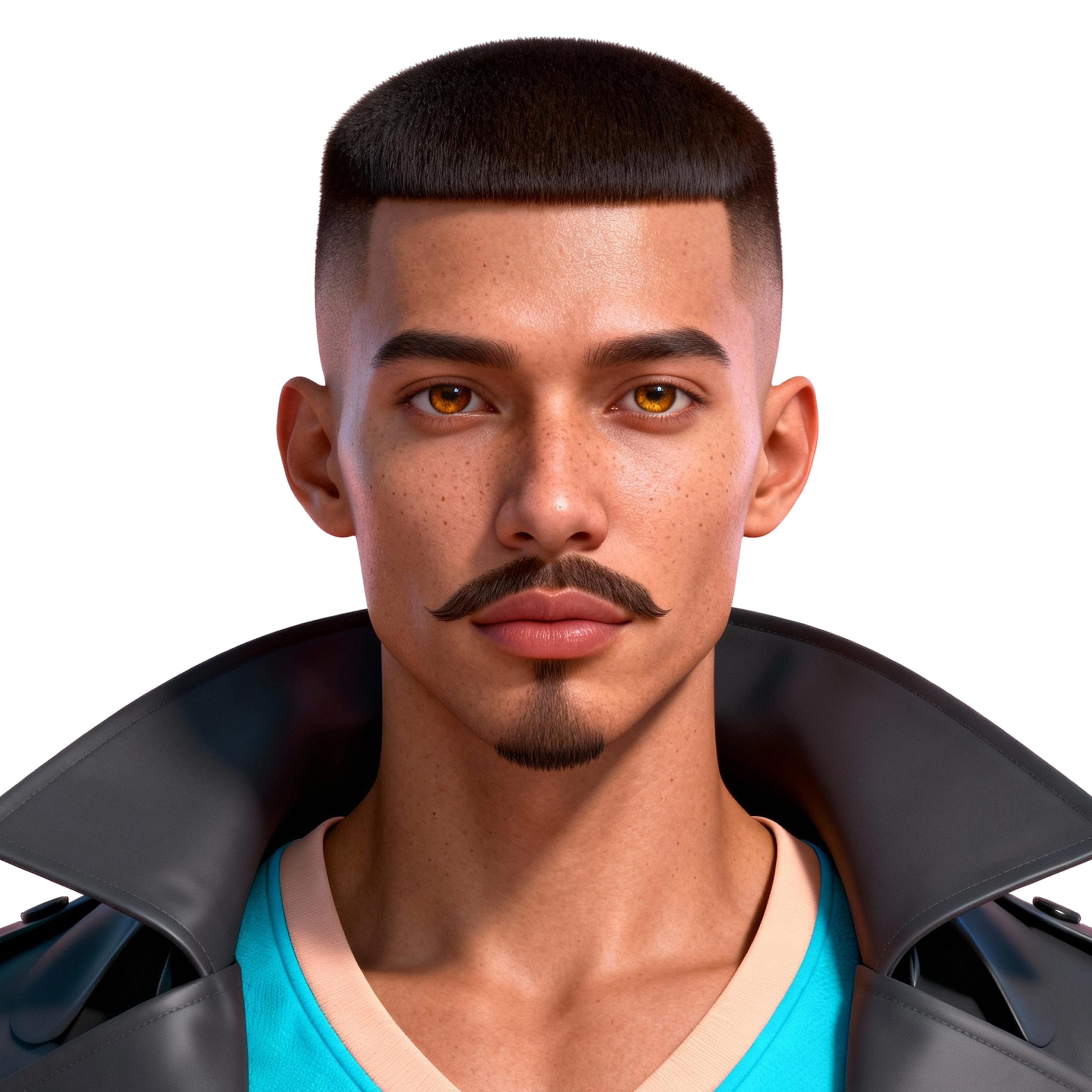 AI-generated portrait of a young man with short styled hair and a trimmed mustache, wearing a structured futuristic coat, posed with a neutral expression against a transparent background in balanced lighting.