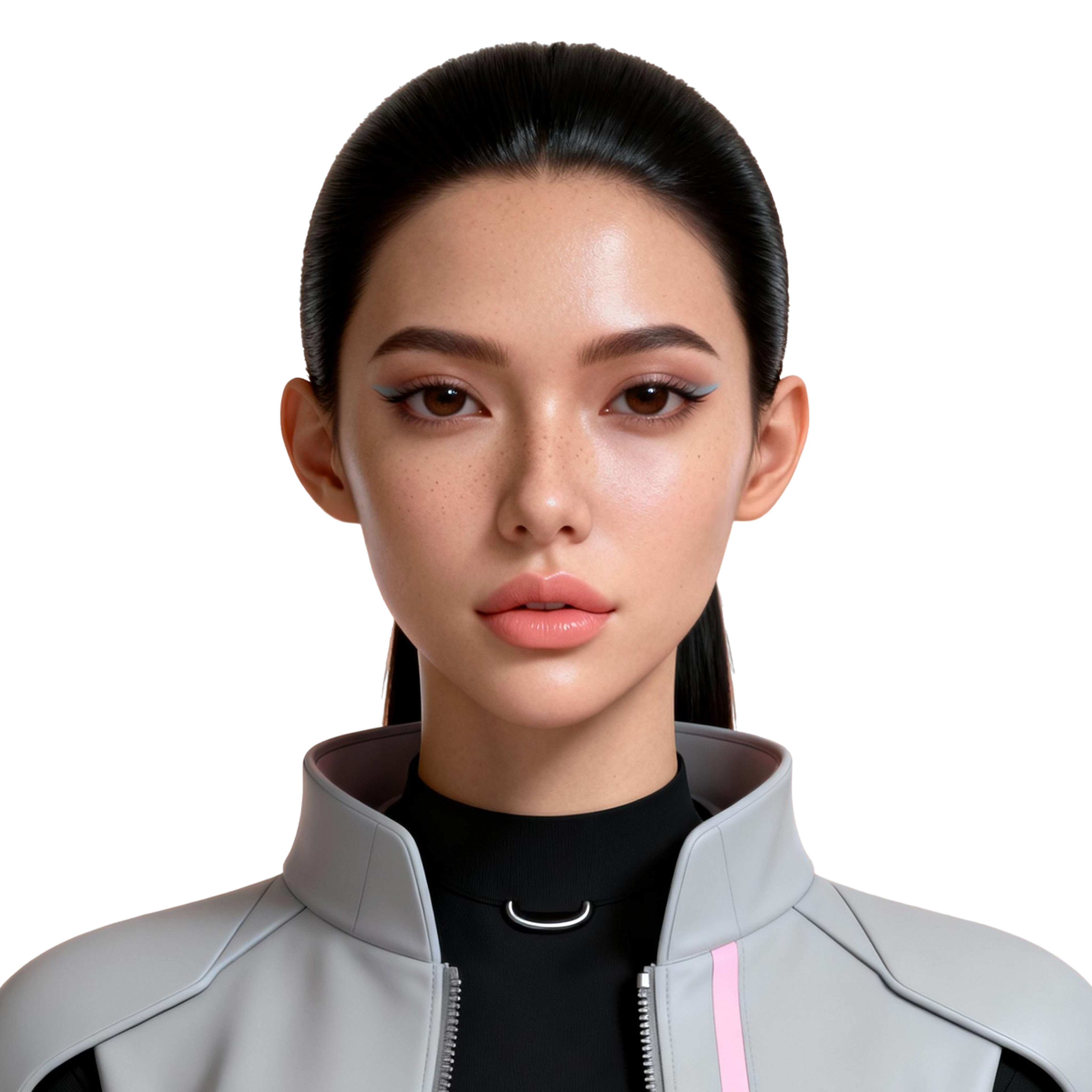 AI-generated portrait of a young woman with slicked-back dark hair and smooth skin, wearing a minimalist gray futuristic jacket, posed with a neutral expression against a transparent background in balanced lighting.