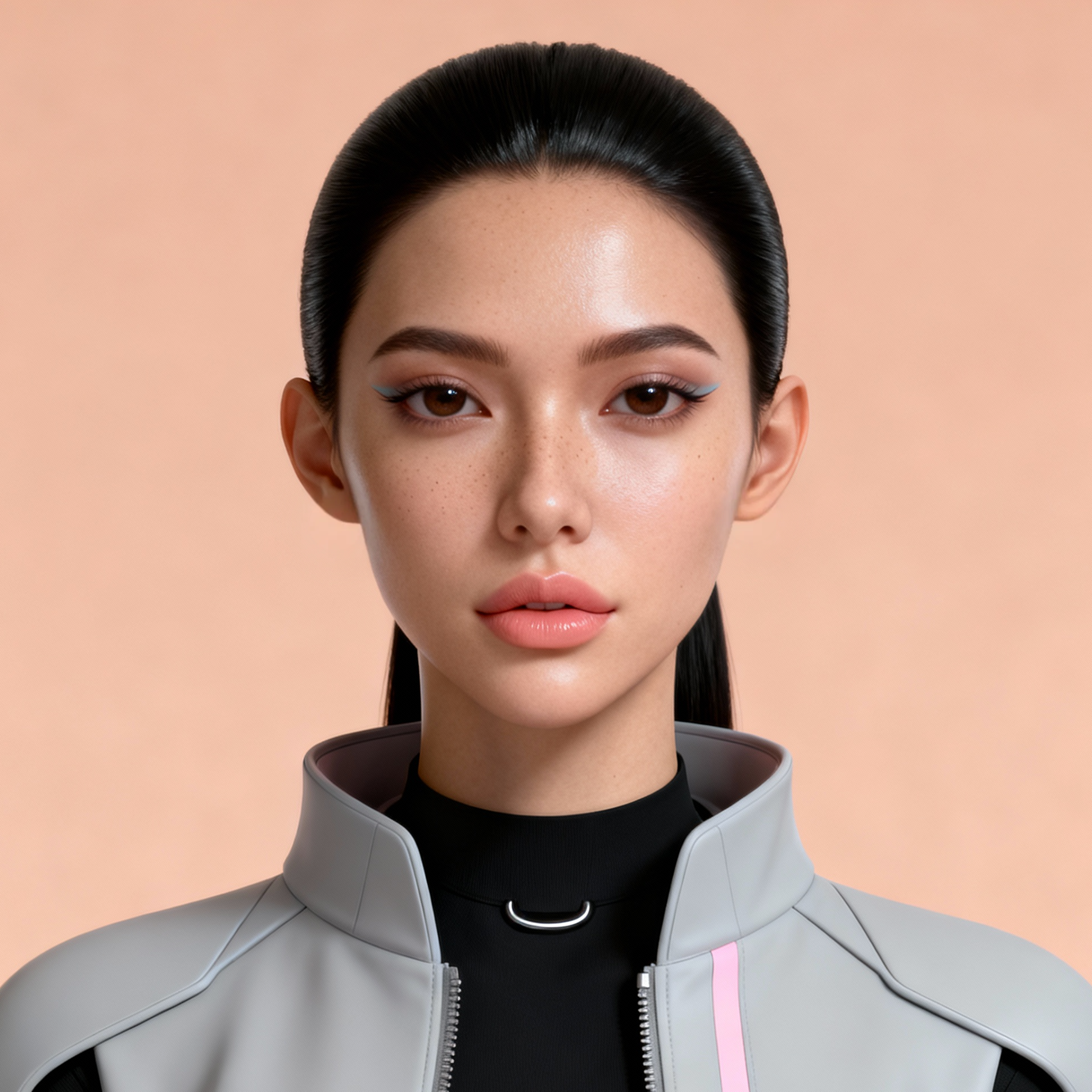 AI-generated portrait of a young woman with slicked-back dark hair and smooth skin, wearing a minimalist gray futuristic jacket, posed with a neutral expression against a warm beige background in balanced lighting.
