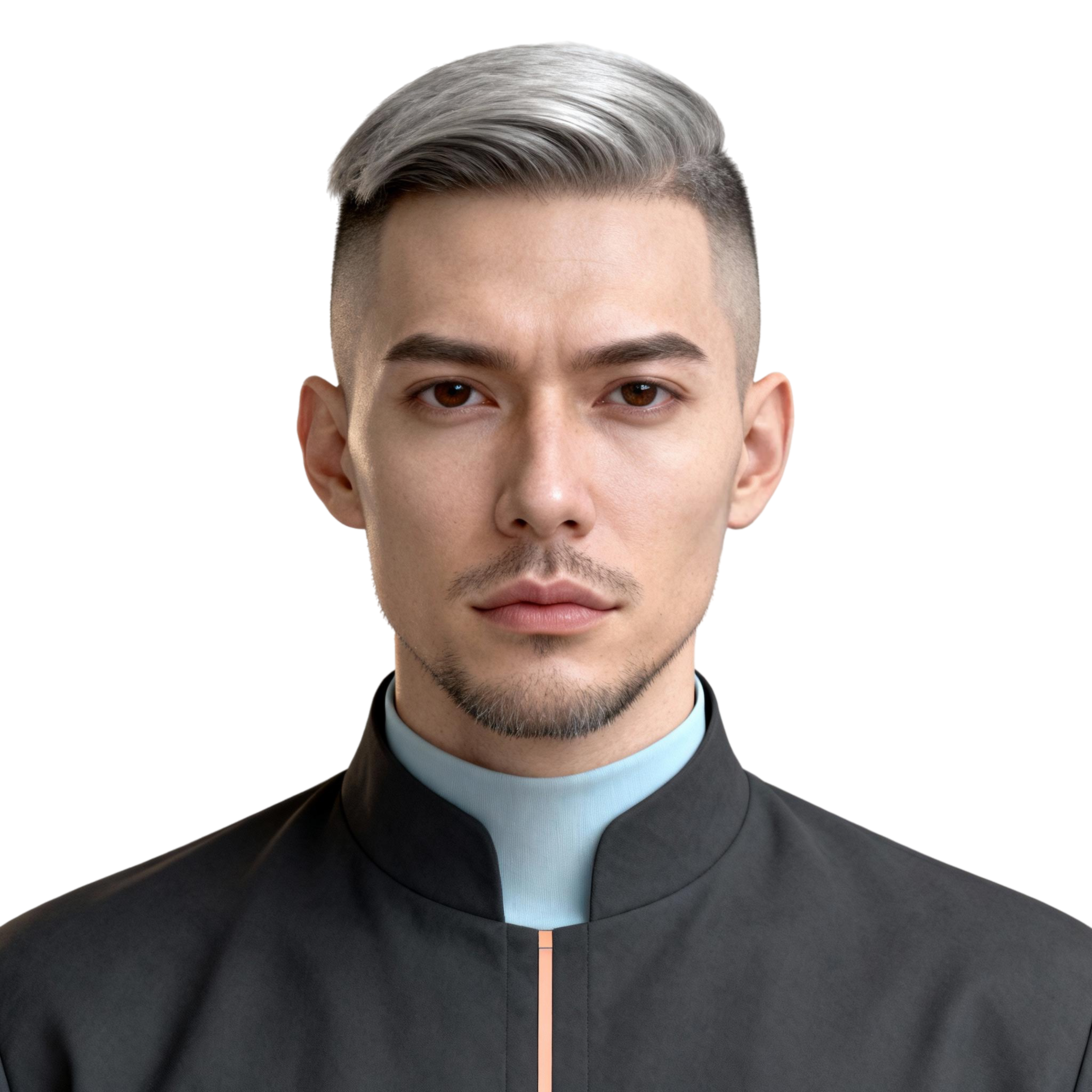 AI-generated portrait of a young man with short silver-toned hair and trimmed facial hair, wearing a minimalist dark high-collar jacket, posed with a neutral expression against a transparent background in balanced lighting.