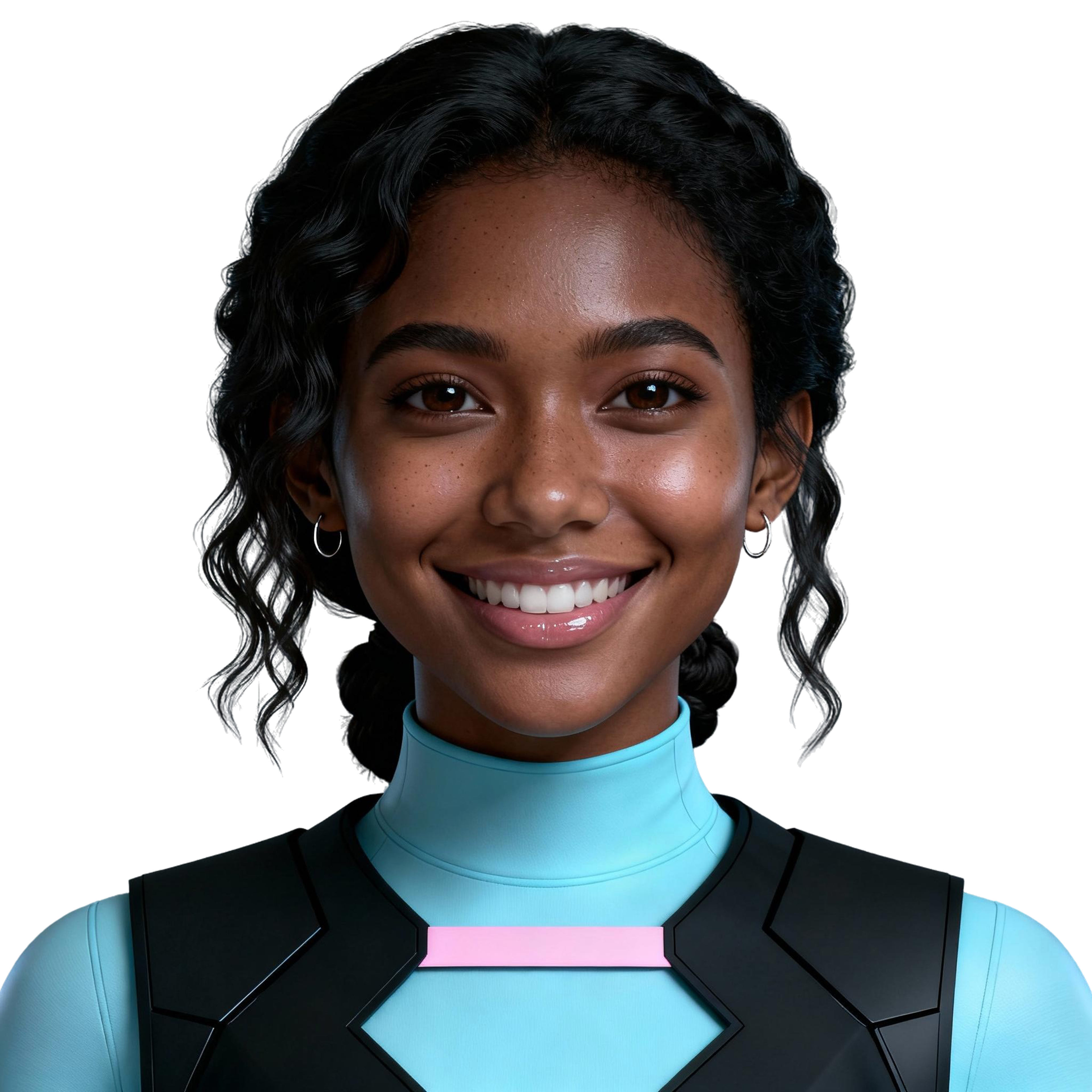 AI-generated portrait of a young woman with softly curled hair pulled back, wearing a light blue futuristic high-neck top and dark vest, posed with a smiling expression against a transparent background in balanced lighting.
