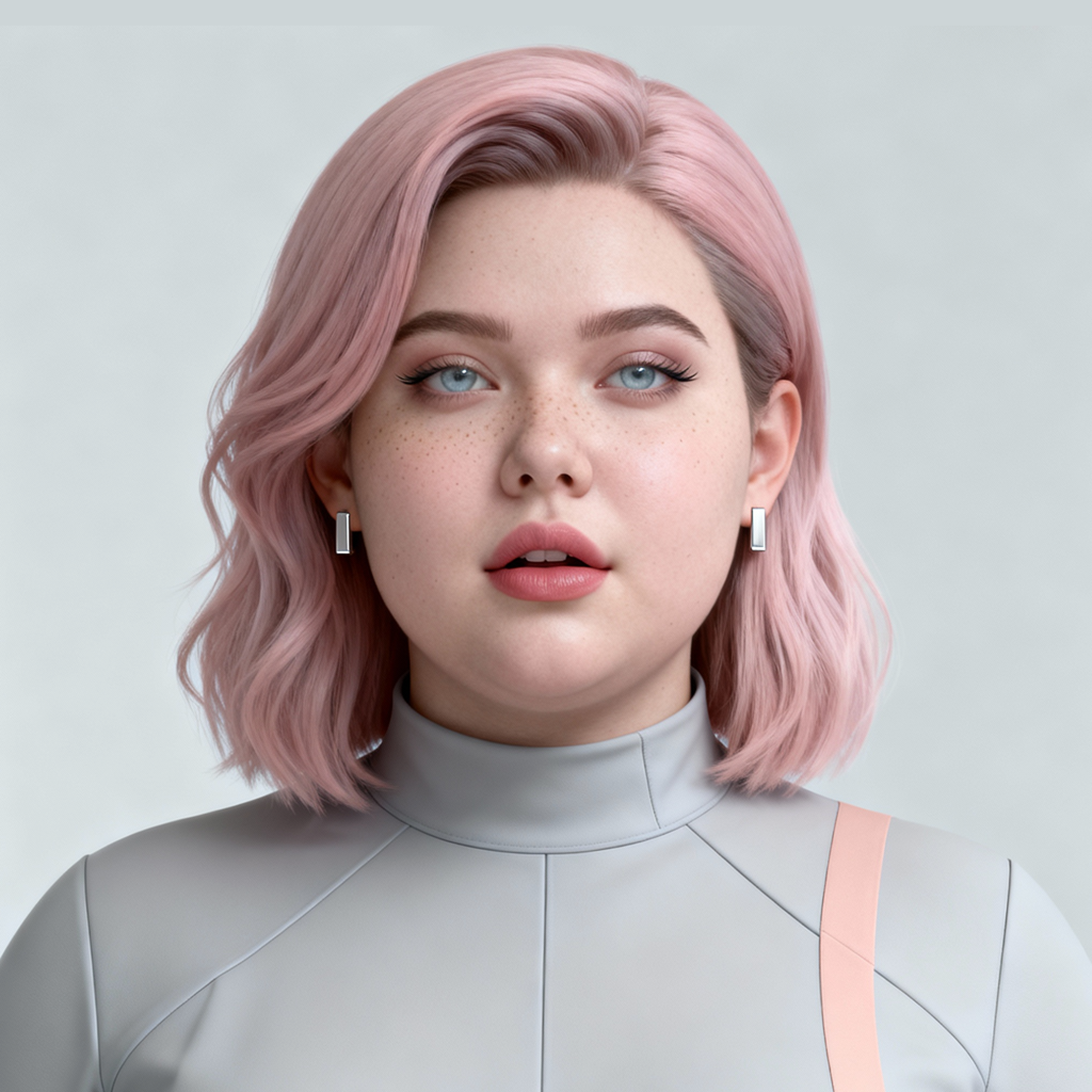 AI-generated portrait of a young woman with shoulder-length pastel pink hair and freckles, wearing a light gray futuristic high-neck top, posed with a calm expression against a pale gray background in balanced lighting.