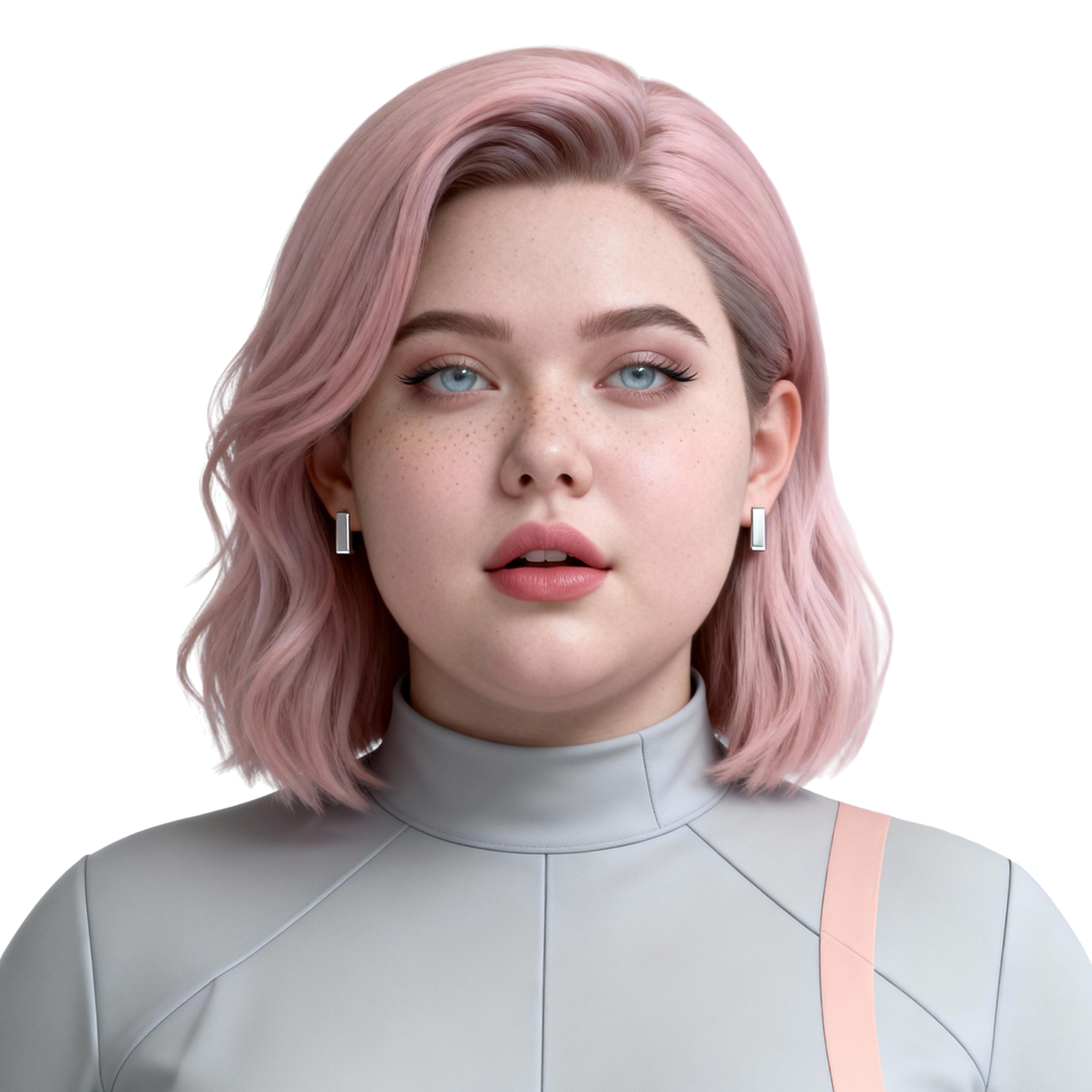 AI-generated portrait of a young woman with shoulder-length pastel pink hair and freckles, wearing a light gray futuristic high-neck top, posed with a calm expression against a transparent background in balanced lighting.