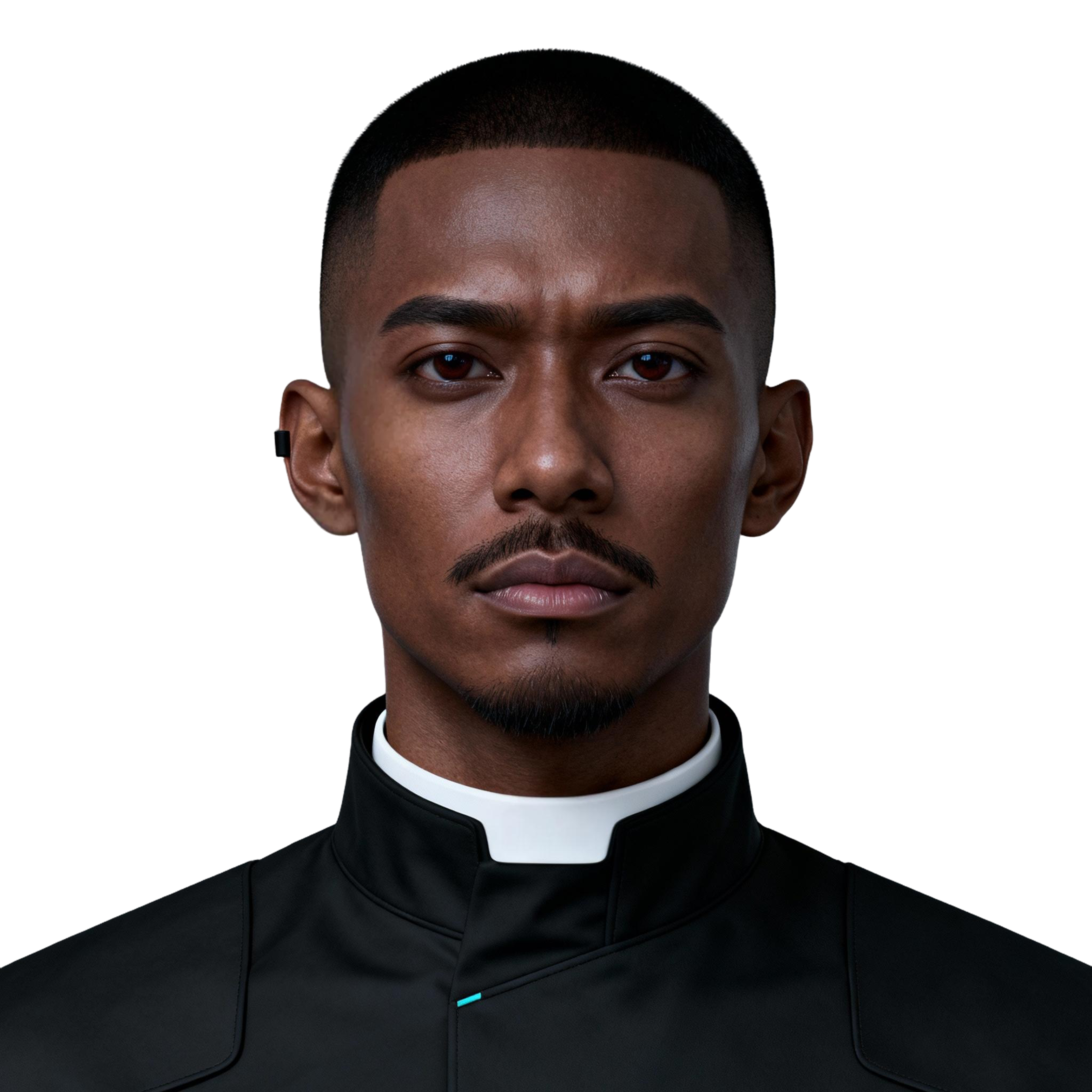 AI-generated portrait of a young man with closely cropped hair and smooth skin, wearing a black high-collar futuristic jacket, posed with a serious expression against a transparent background in balanced lighting.