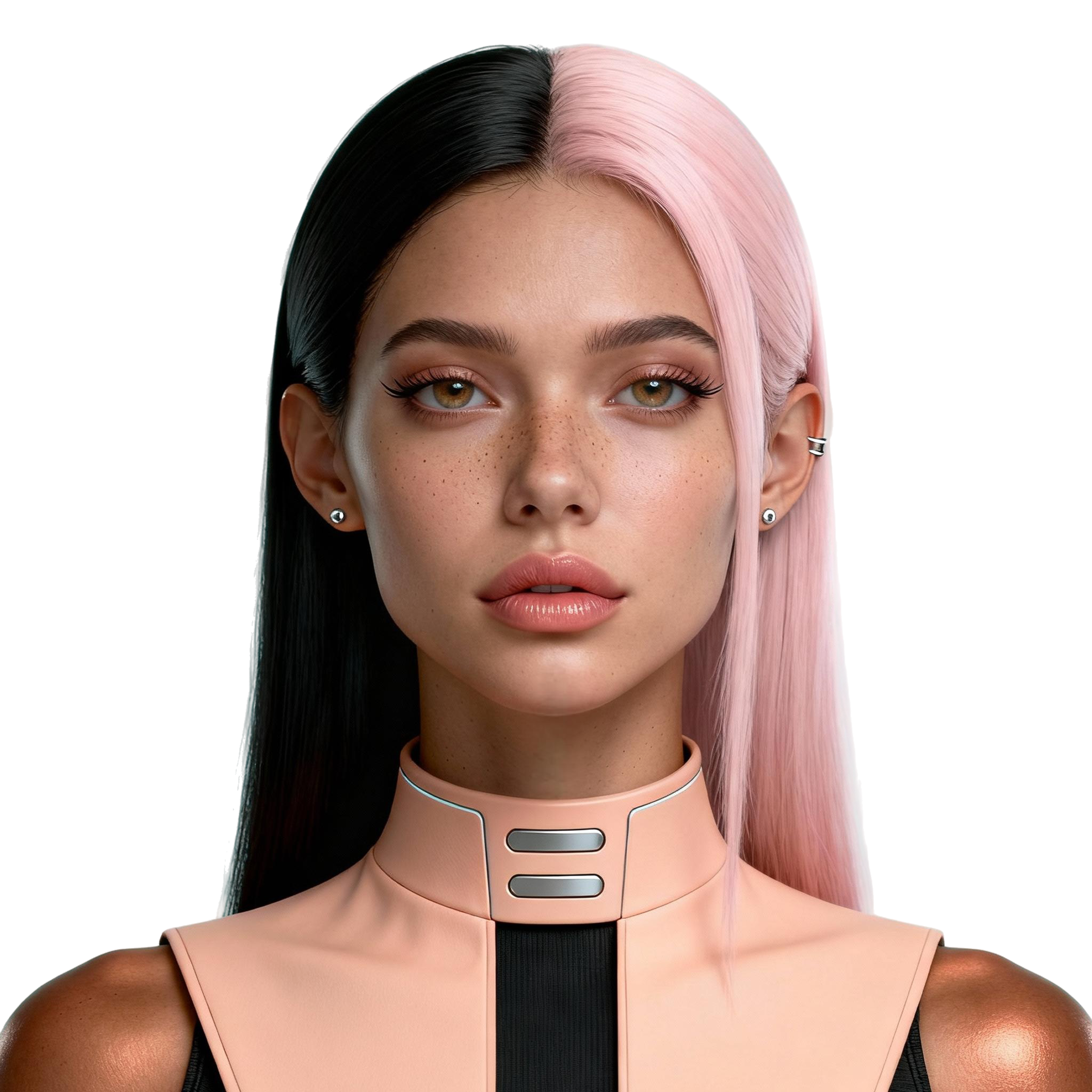 AI-generated portrait of a young woman with straight split-tone hair and smooth skin, wearing a minimalist high-neck futuristic top, posed with a neutral expression against a transparent background in balanced lighting.