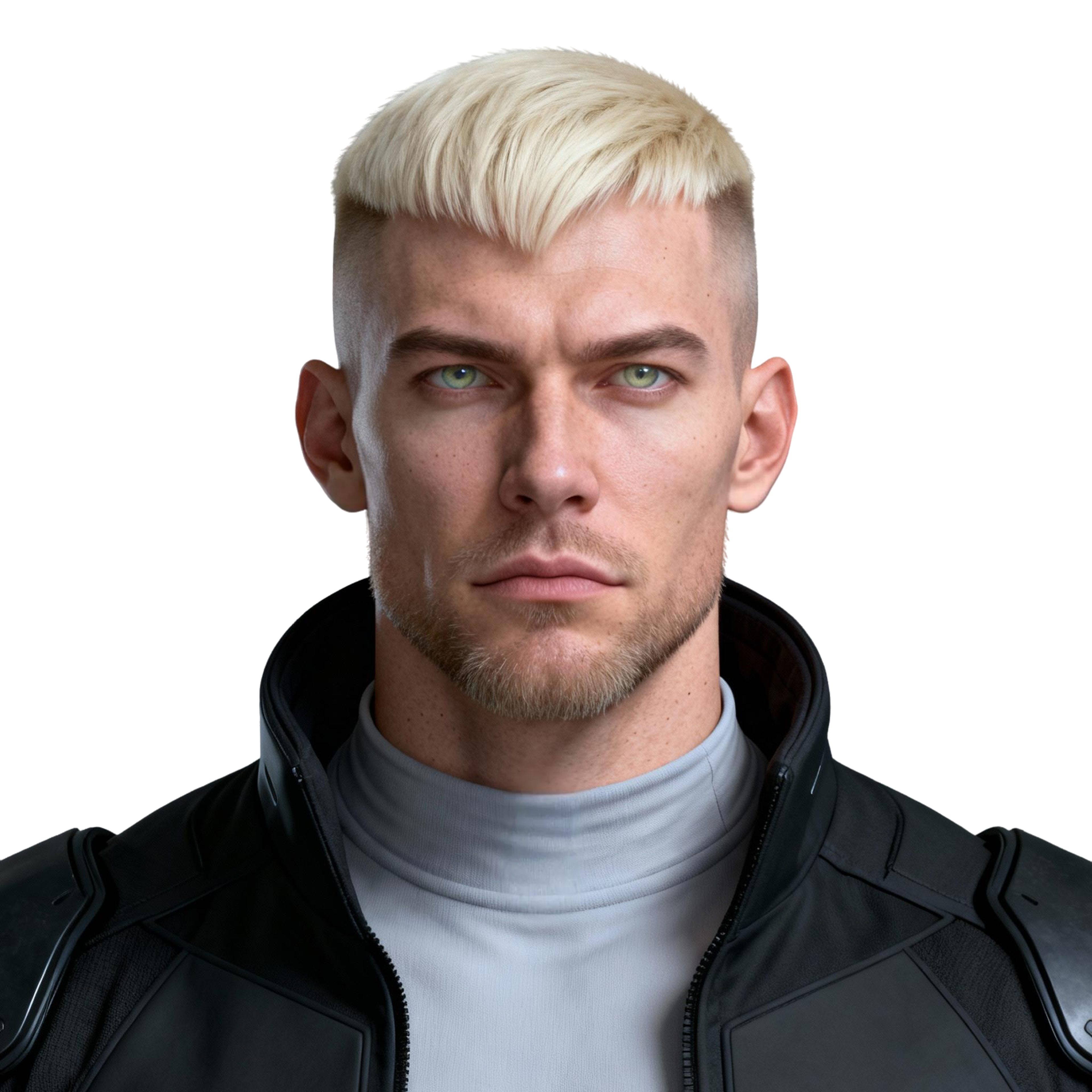 AI-generated portrait of a young man with short blond hair and smooth skin, wearing a dark futuristic jacket over a high-neck top, posed with a neutral expression against a transparent background in balanced lighting.