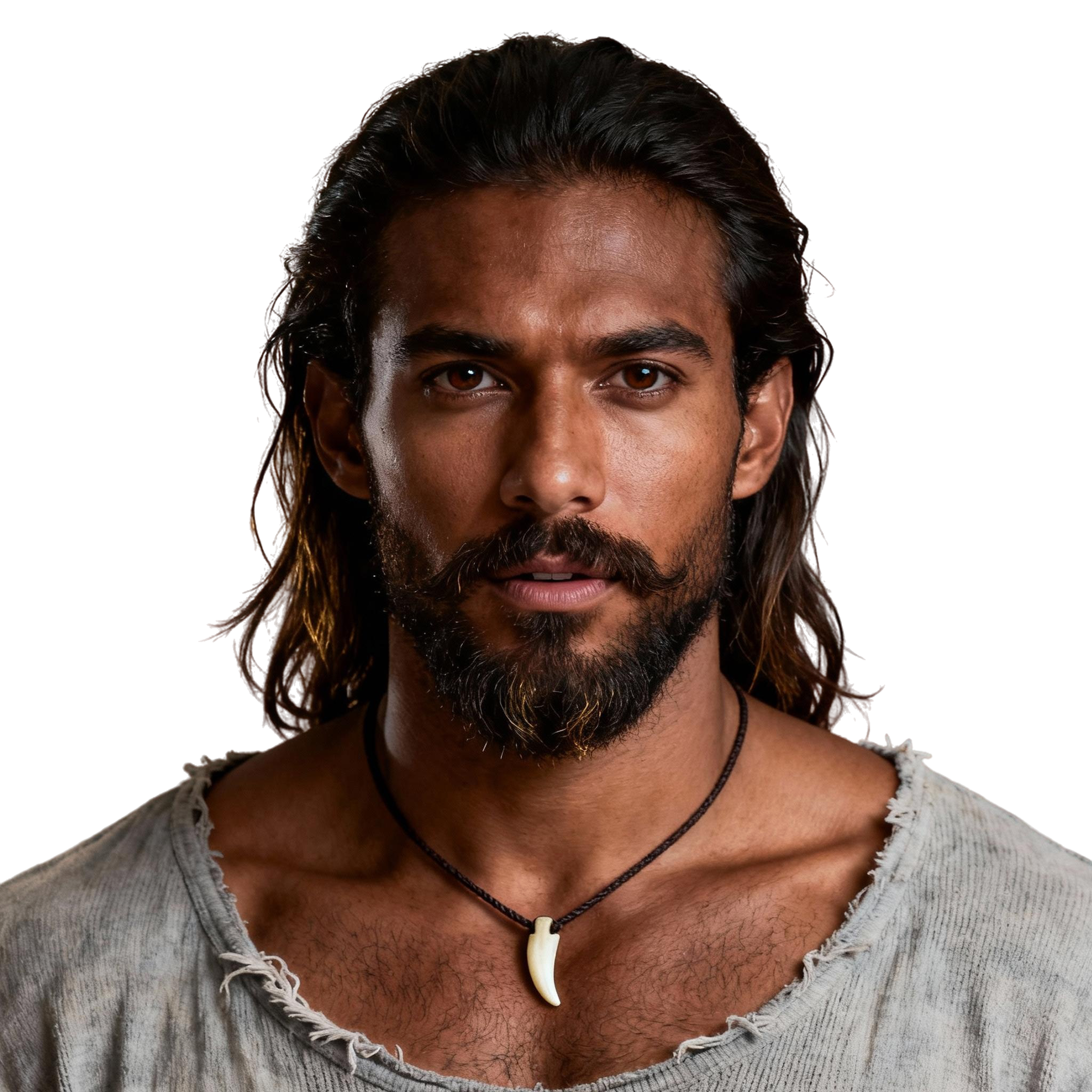 AI-generated portrait of a young man with long dark hair pulled back and a short beard, wearing a raw linen shirt, posed with a calm expression against a transparent background in warm earthy light.