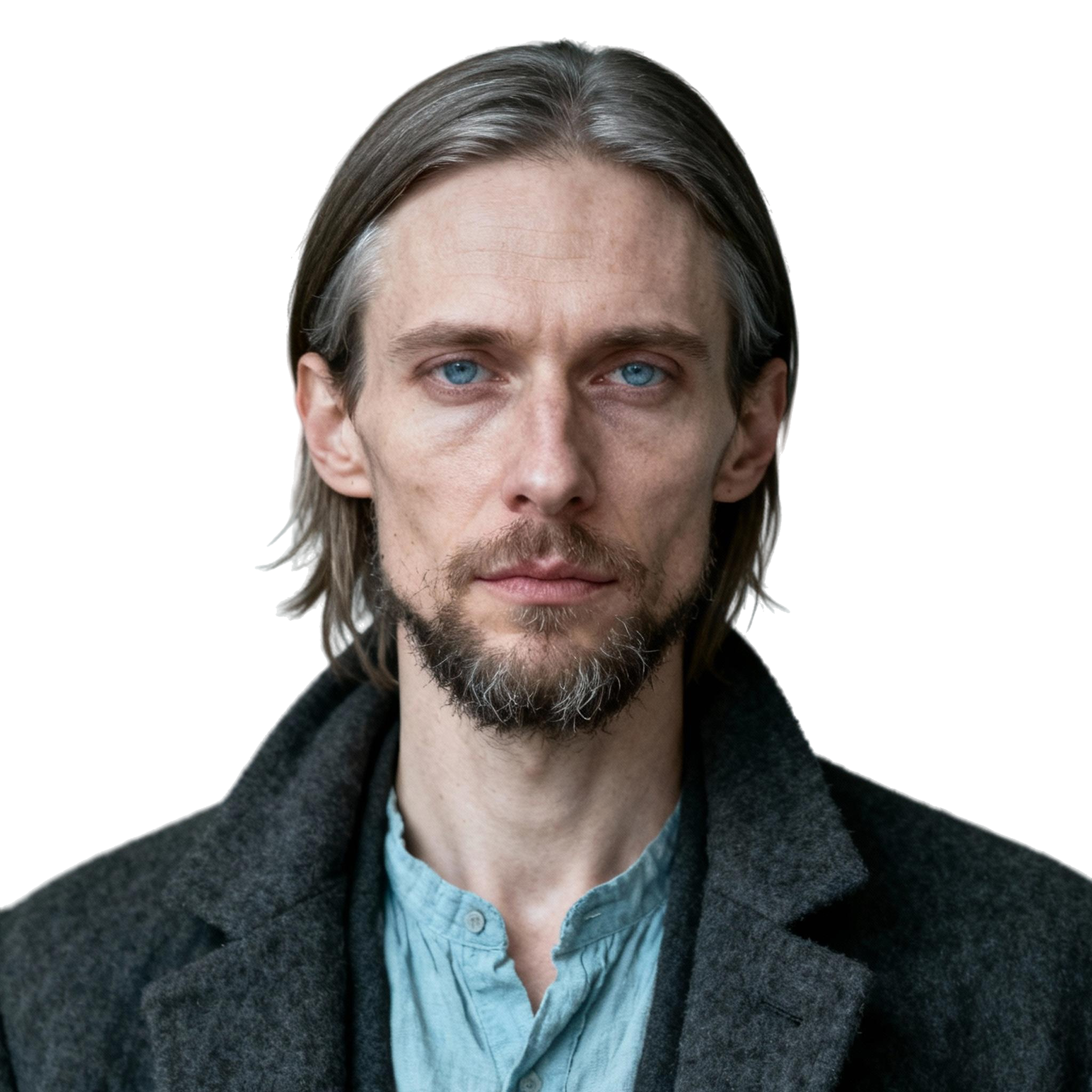 AI-generated portrait of a middle-aged man with shoulder-length light hair and a trimmed beard, wearing layered wool clothing, posed with a neutral expression against a transparent background in soft diffused light.