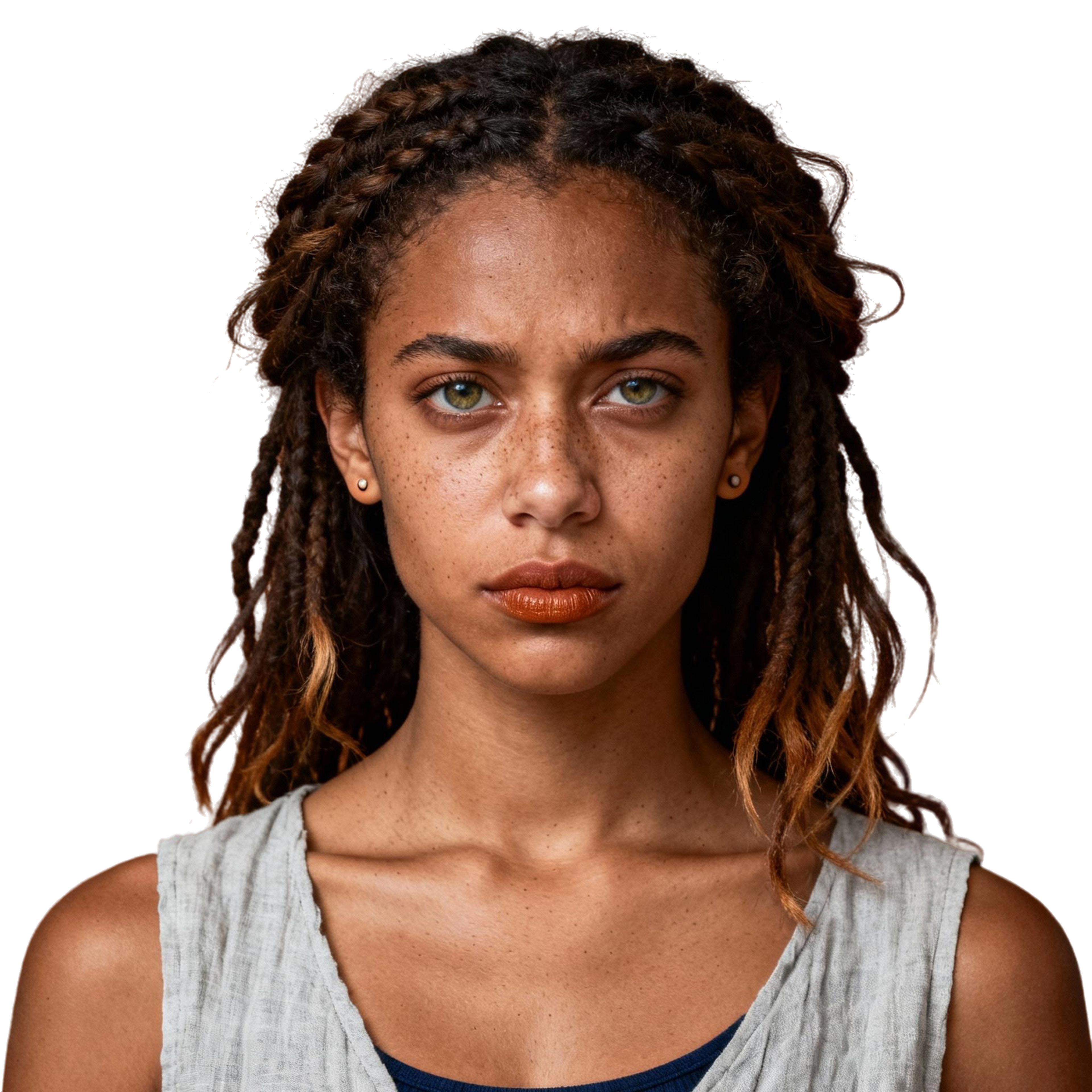 AI-generated portrait of a young woman with braided hair and freckles, wearing a sleeveless natural-fiber top, posed with a composed expression against a transparent background in warm directional light.