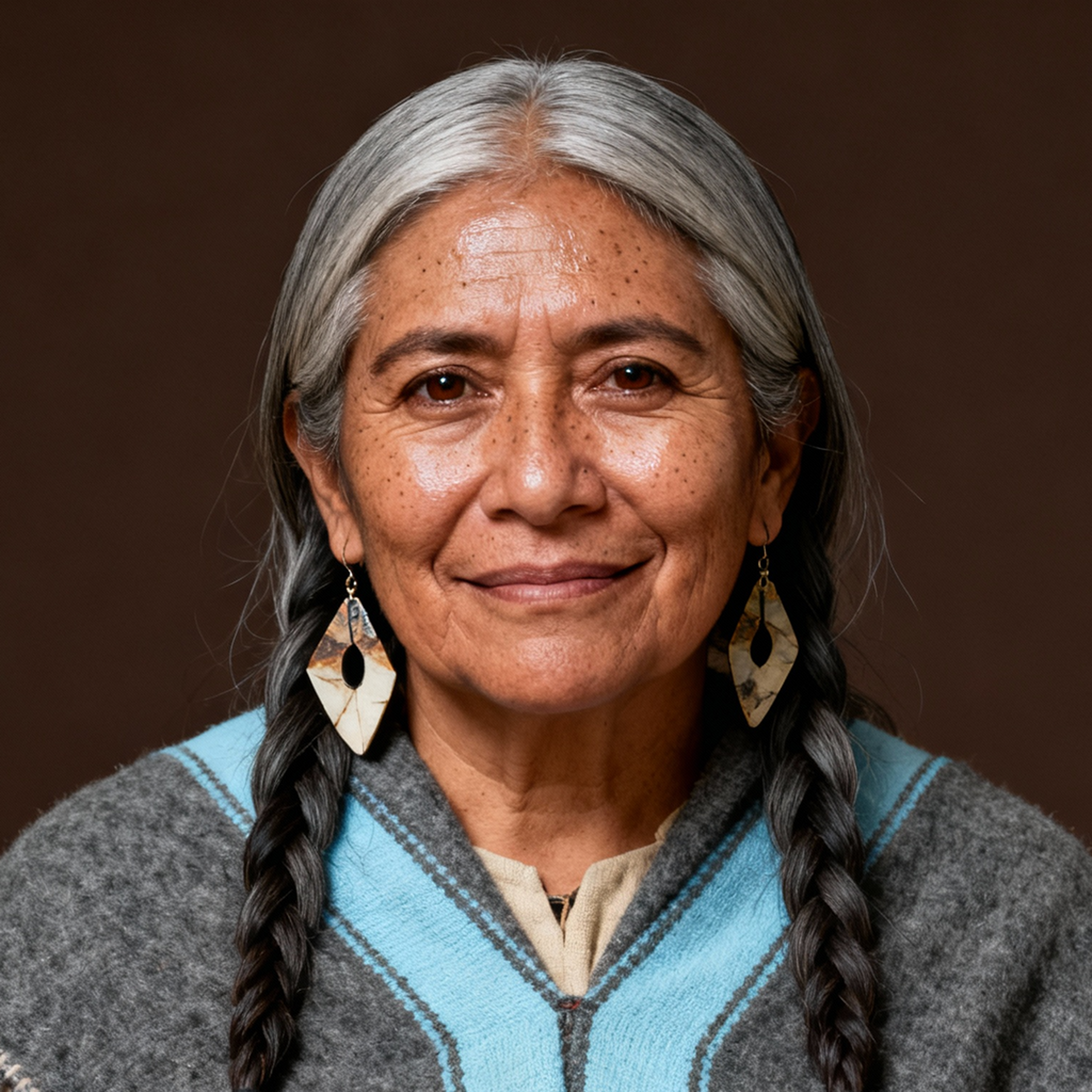 AI-generated portrait of an older woman with long gray hair in braids and subtle wrinkles, wearing layered wool garments, posed with a gentle expression against a dark neutral background in soft earthy light.