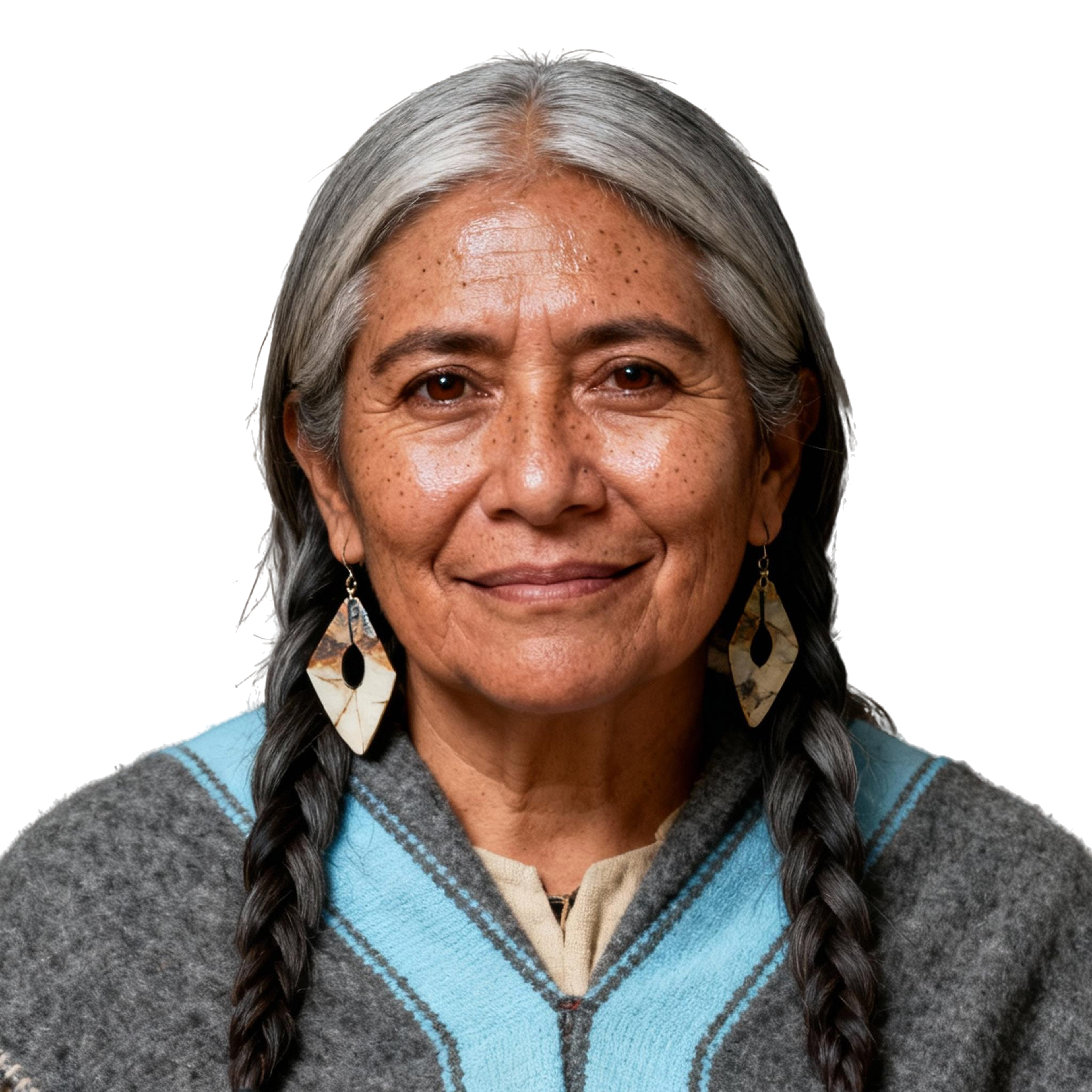 AI-generated portrait of an older woman with long gray hair in braids and subtle wrinkles, wearing layered wool garments, posed with a gentle expression against a transparent background in soft earthy light.