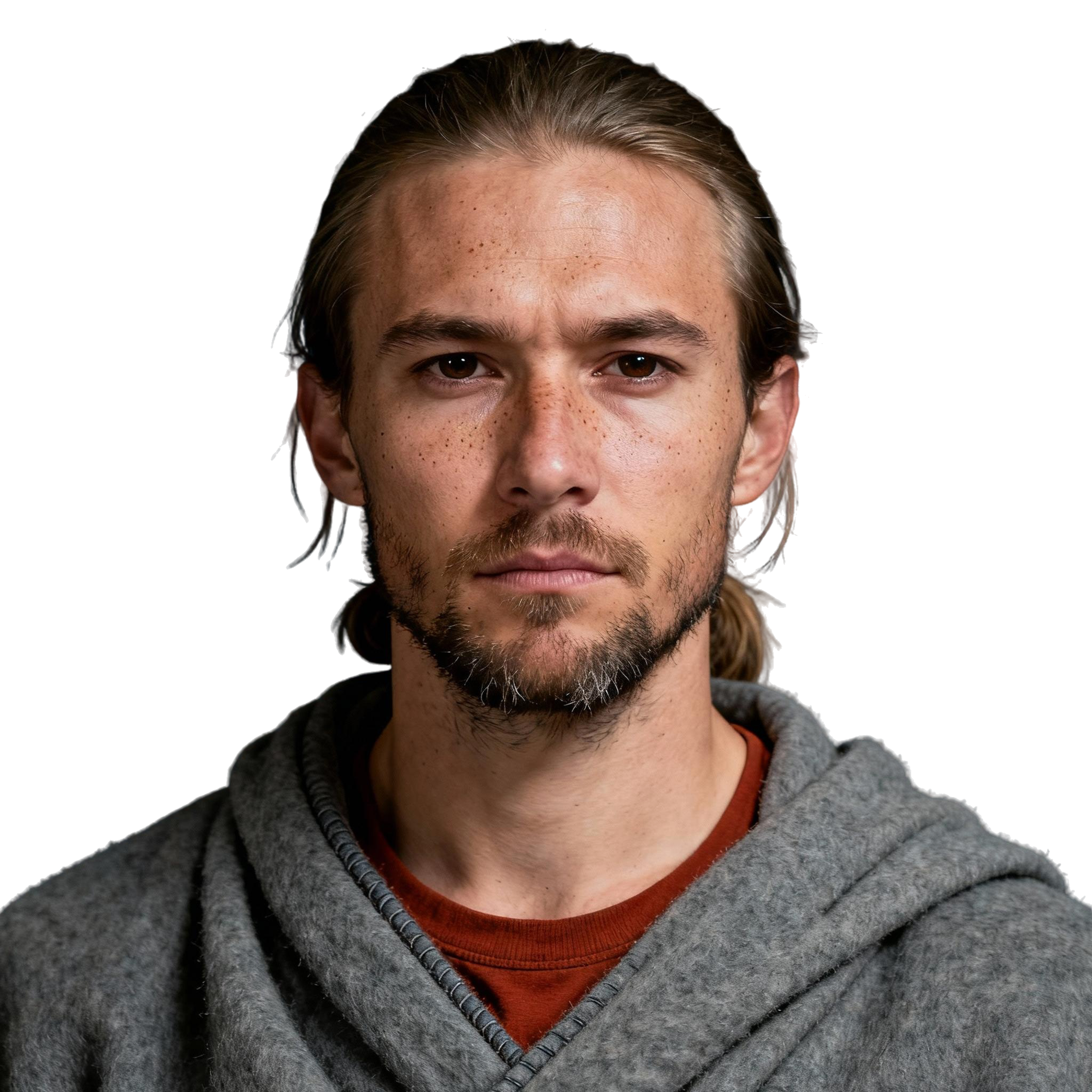 AI-generated portrait of a young man with long hair pulled back and light facial hair, wearing layered wool garments, posed with a serious expression against a transparent background in soft directional light.