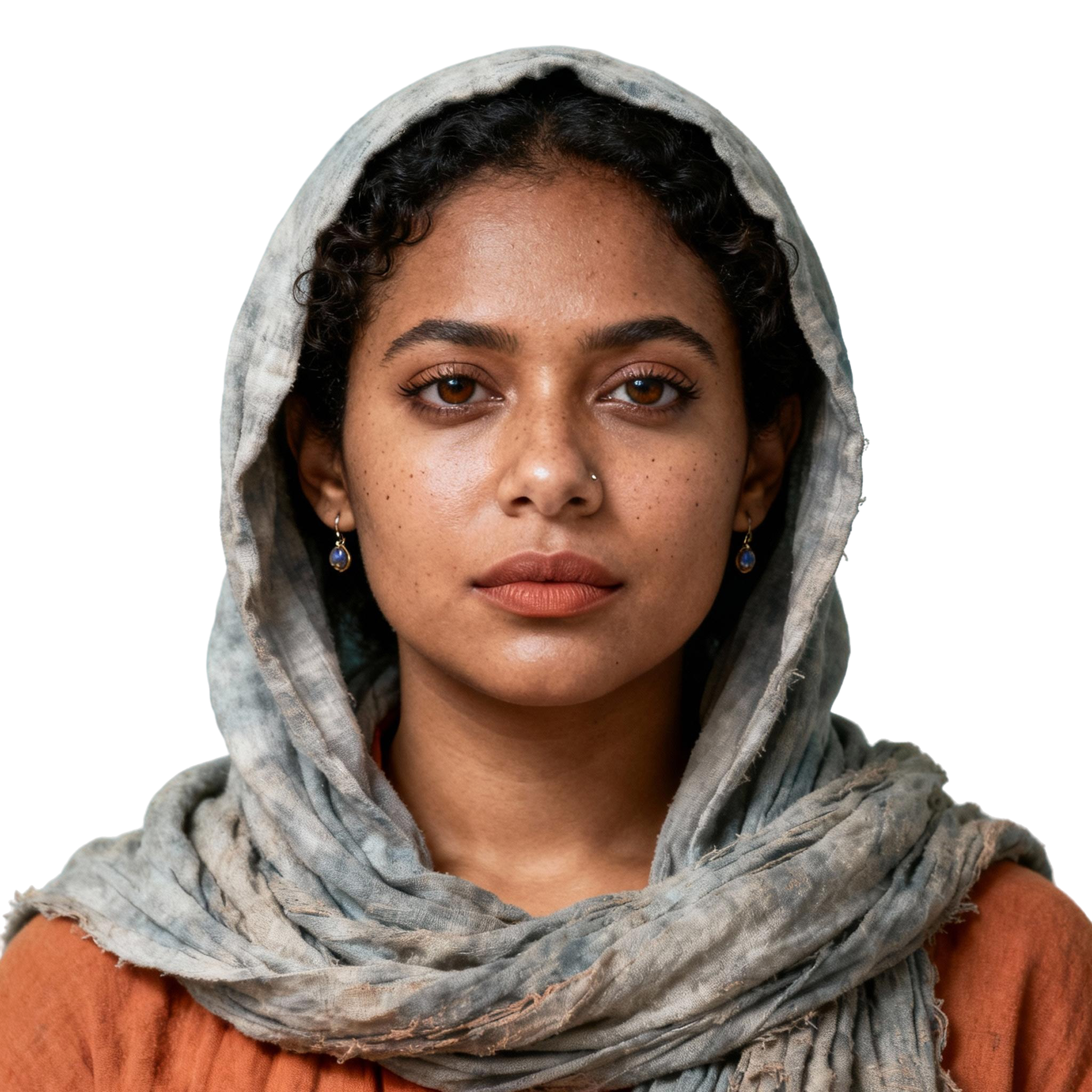 AI-generated portrait of a young woman with curly hair partially covered by a linen hood, wearing layered natural-fiber clothing, posed with a neutral expression against a transparent background in diffused light.