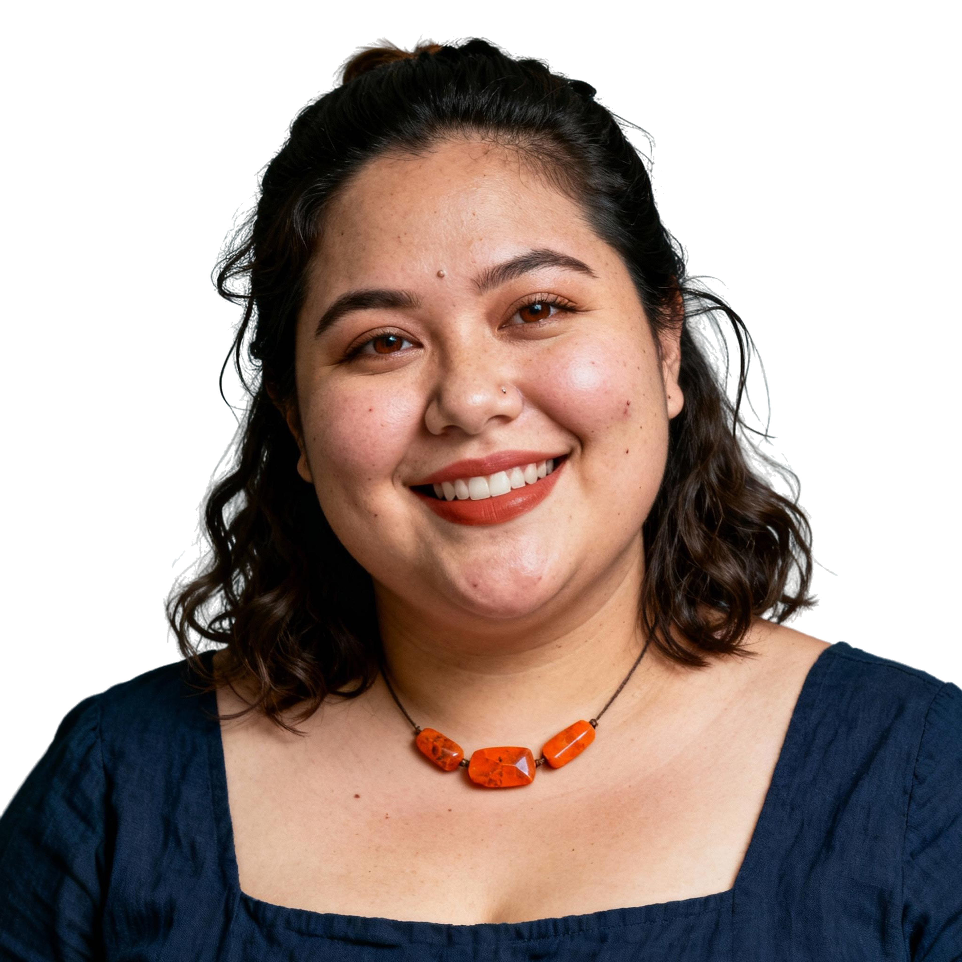 AI-generated portrait of a middle-aged woman with wavy hair pulled back, wearing a simple linen top and necklace, posed with a friendly smile against a transparent background in diffused light.