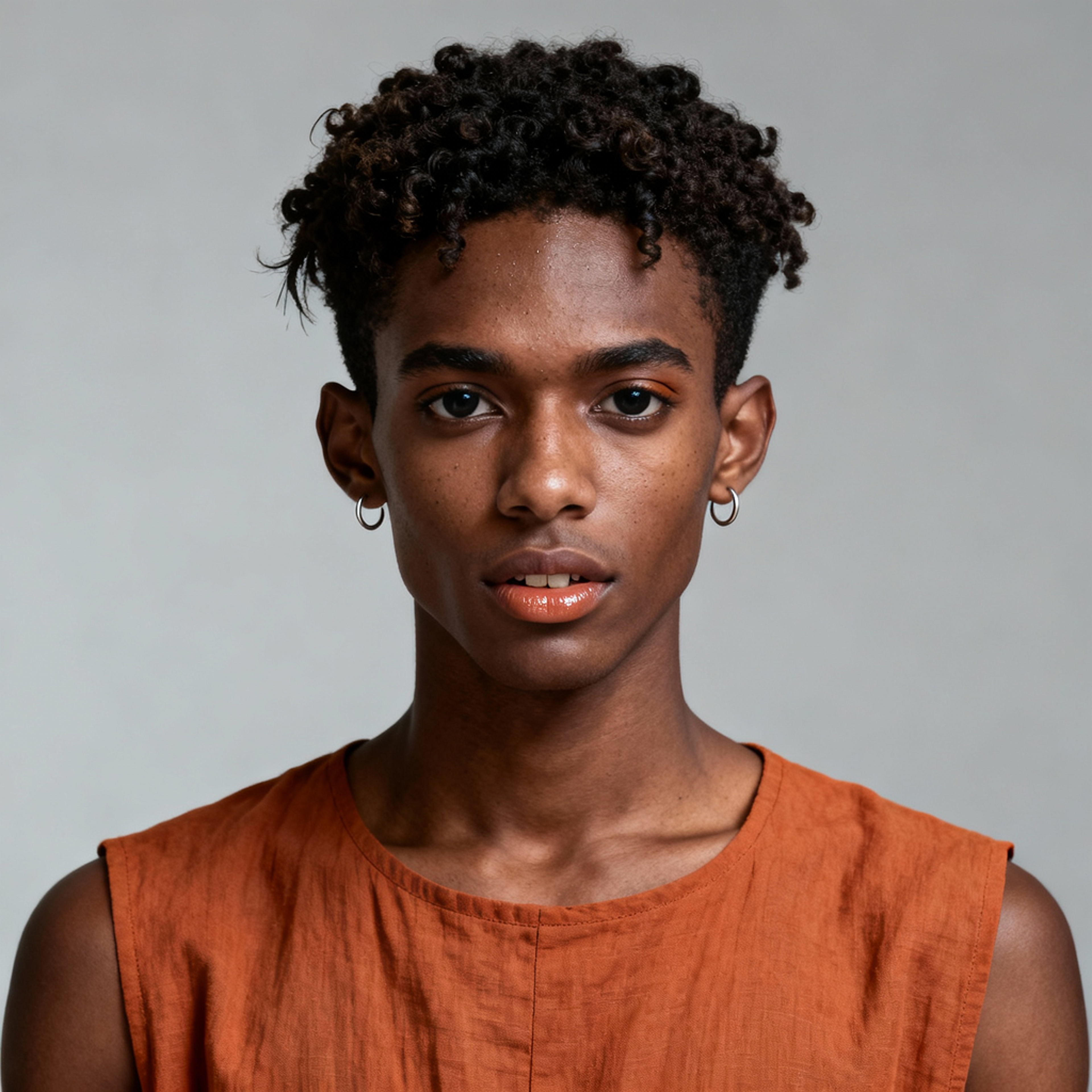 AI-generated portrait of a young person with short tightly curled hair and earrings, wearing a sleeveless linen top, posed with a serious expression against a light gray background in diffused light.