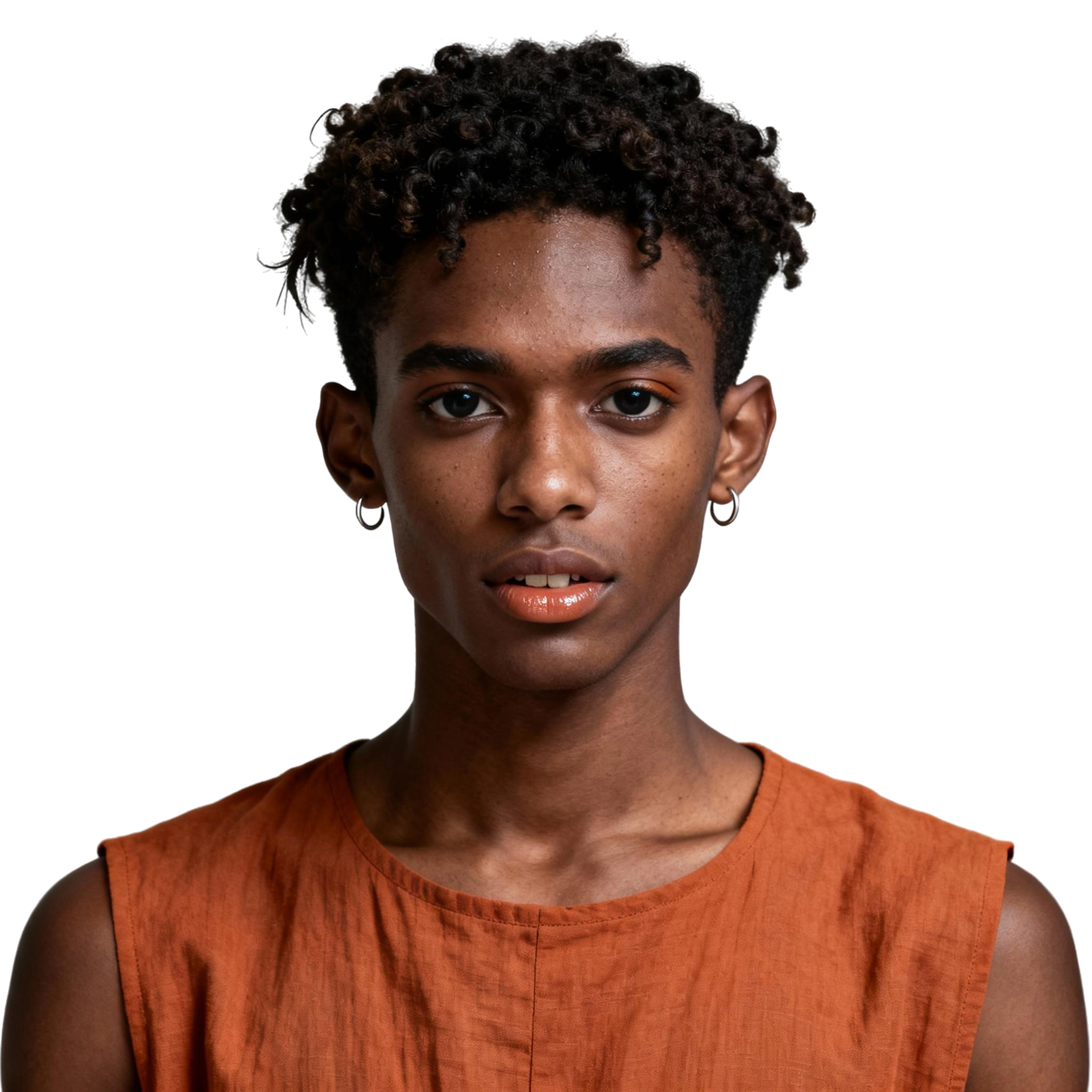 AI-generated portrait of a young person with short tightly curled hair and earrings, wearing a sleeveless linen top, posed with a serious expression against a transparent background in diffused light.