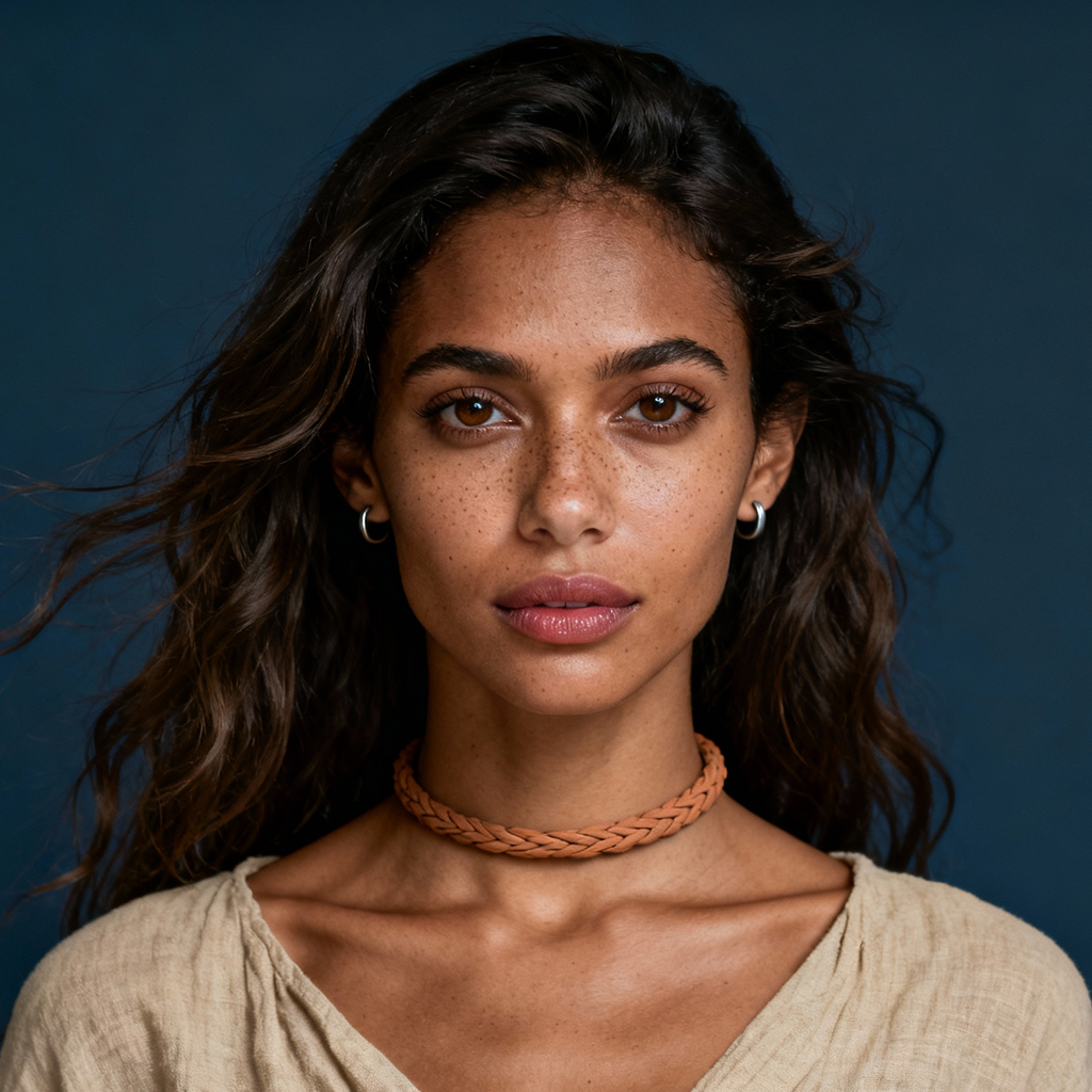AI-generated portrait of a young woman with long wavy hair and freckles, wearing a linen top and cord necklace, posed with a composed expression against a deep blue background in soft directional light.