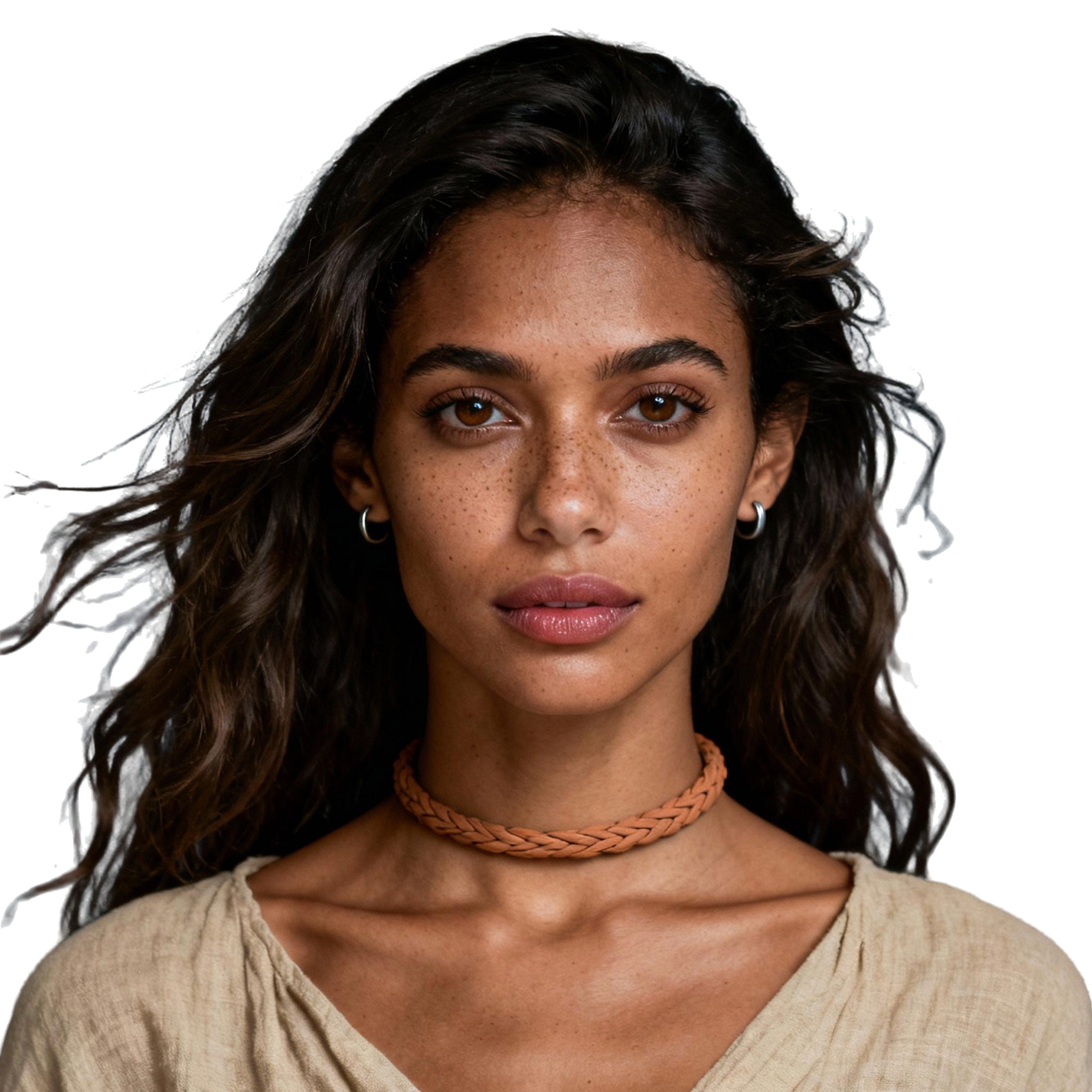 AI-generated portrait of a young woman with long wavy hair and freckles, wearing a linen top and cord necklace, posed with a composed expression against a transparent background in soft directional light.