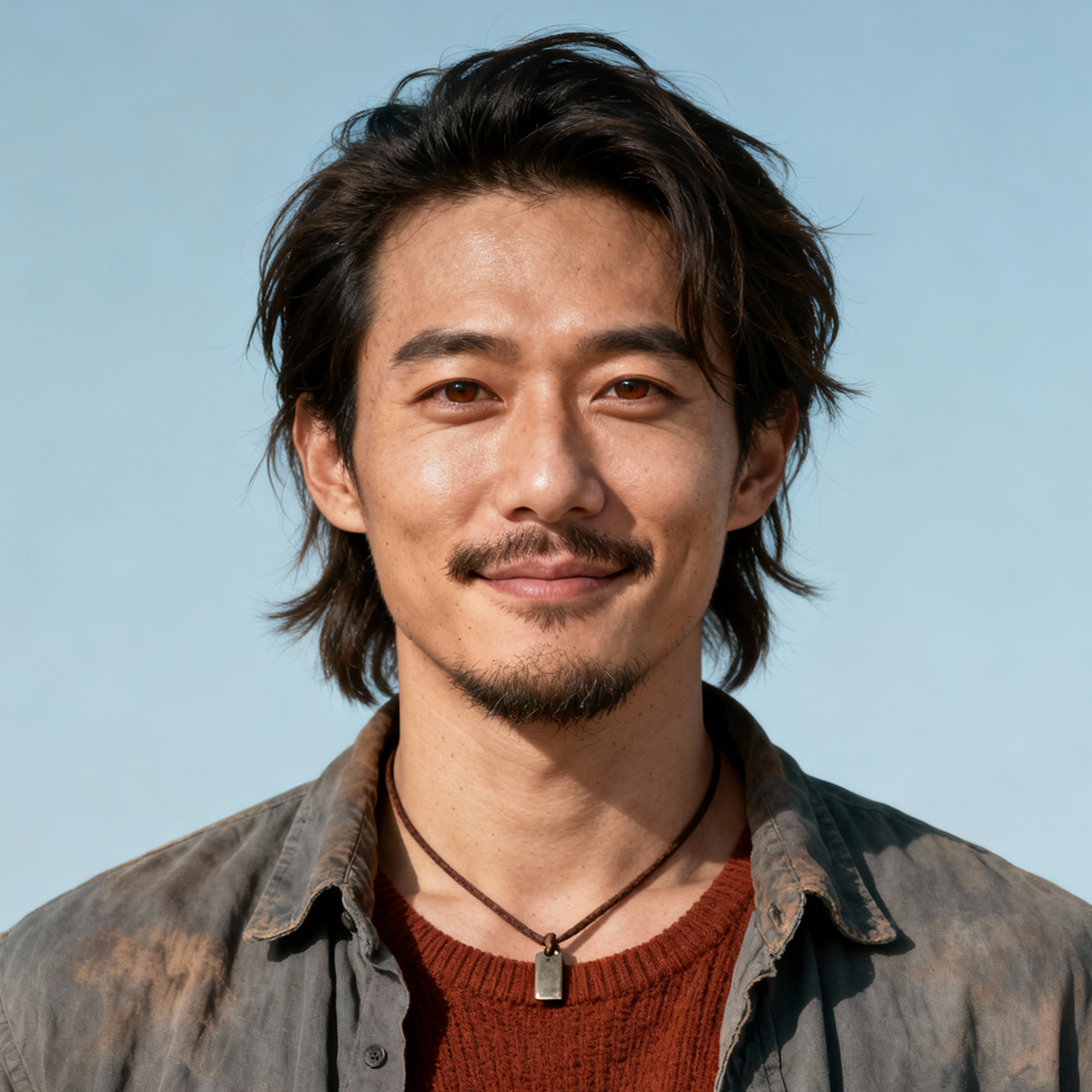 AI-generated portrait of a young man with medium-length tousled hair and light facial hair, wearing layered workwear and a necklace, posed with a subtle smile against a pale blue background in diffused light.