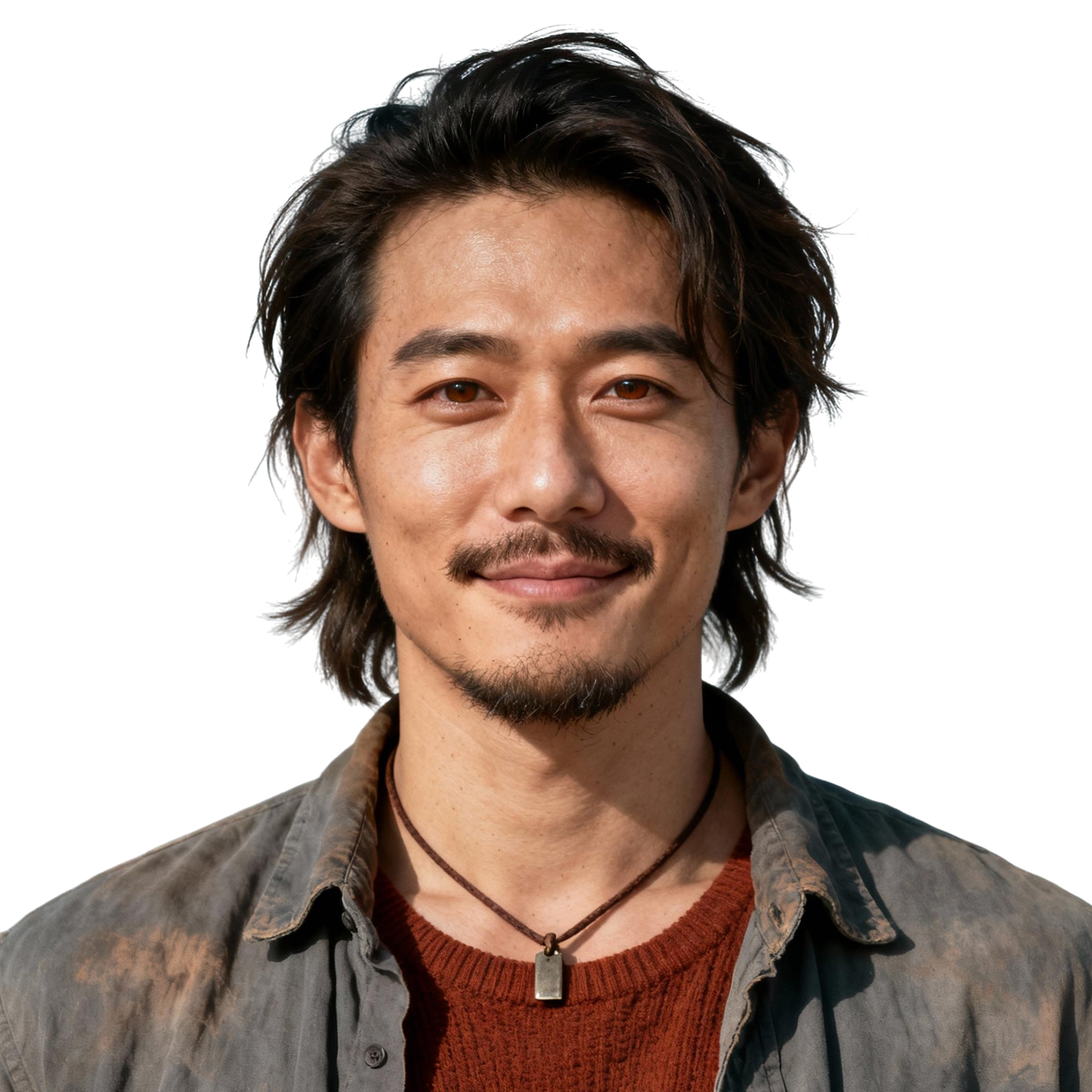 AI-generated portrait of a young man with medium-length tousled hair and light facial hair, wearing layered workwear and a necklace, posed with a subtle smile against a transparent background in diffused light.