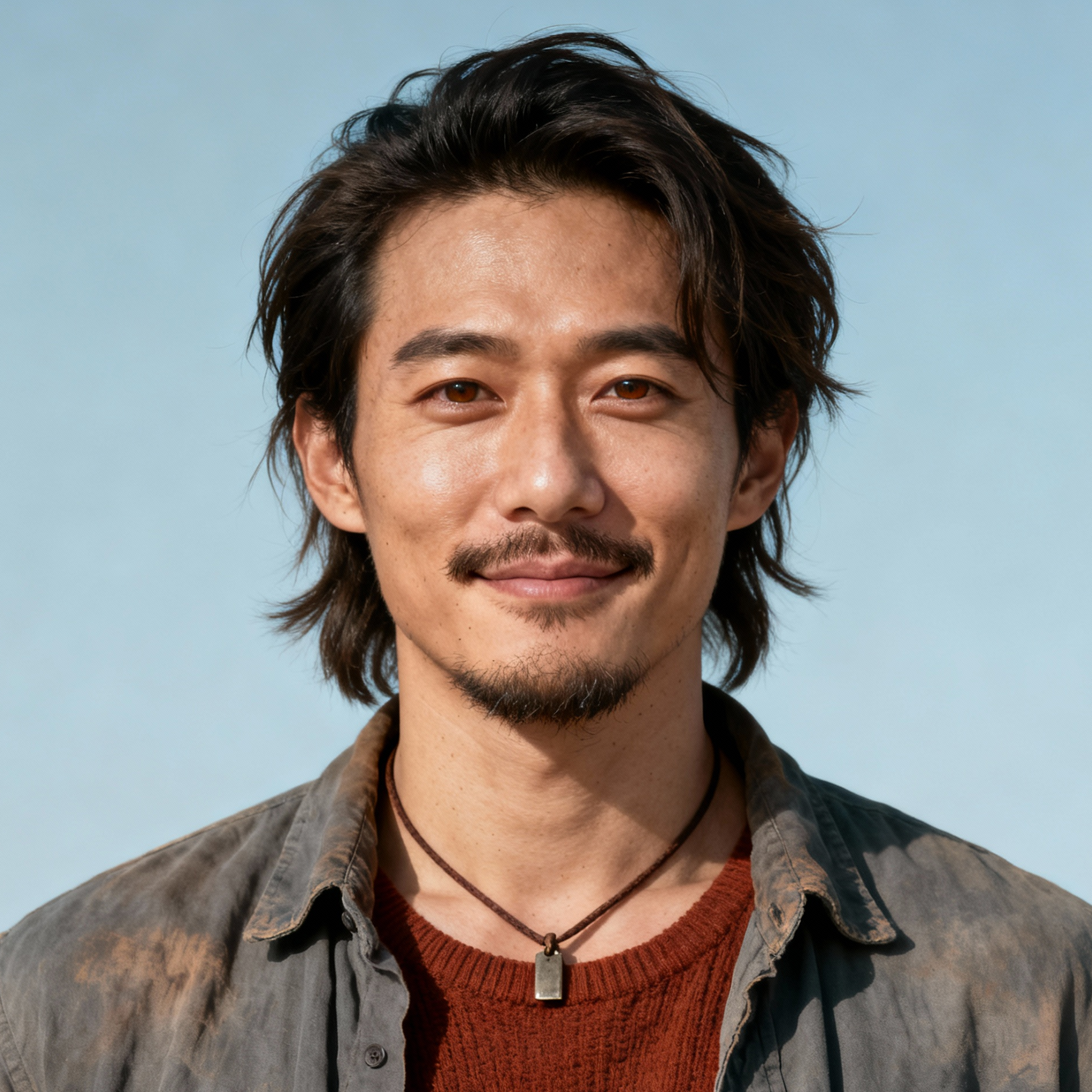 AI-generated portrait of a young man with medium-length tousled hair and light facial hair, wearing layered workwear and a necklace, posed with a subtle smile against a pale blue background in diffused light.