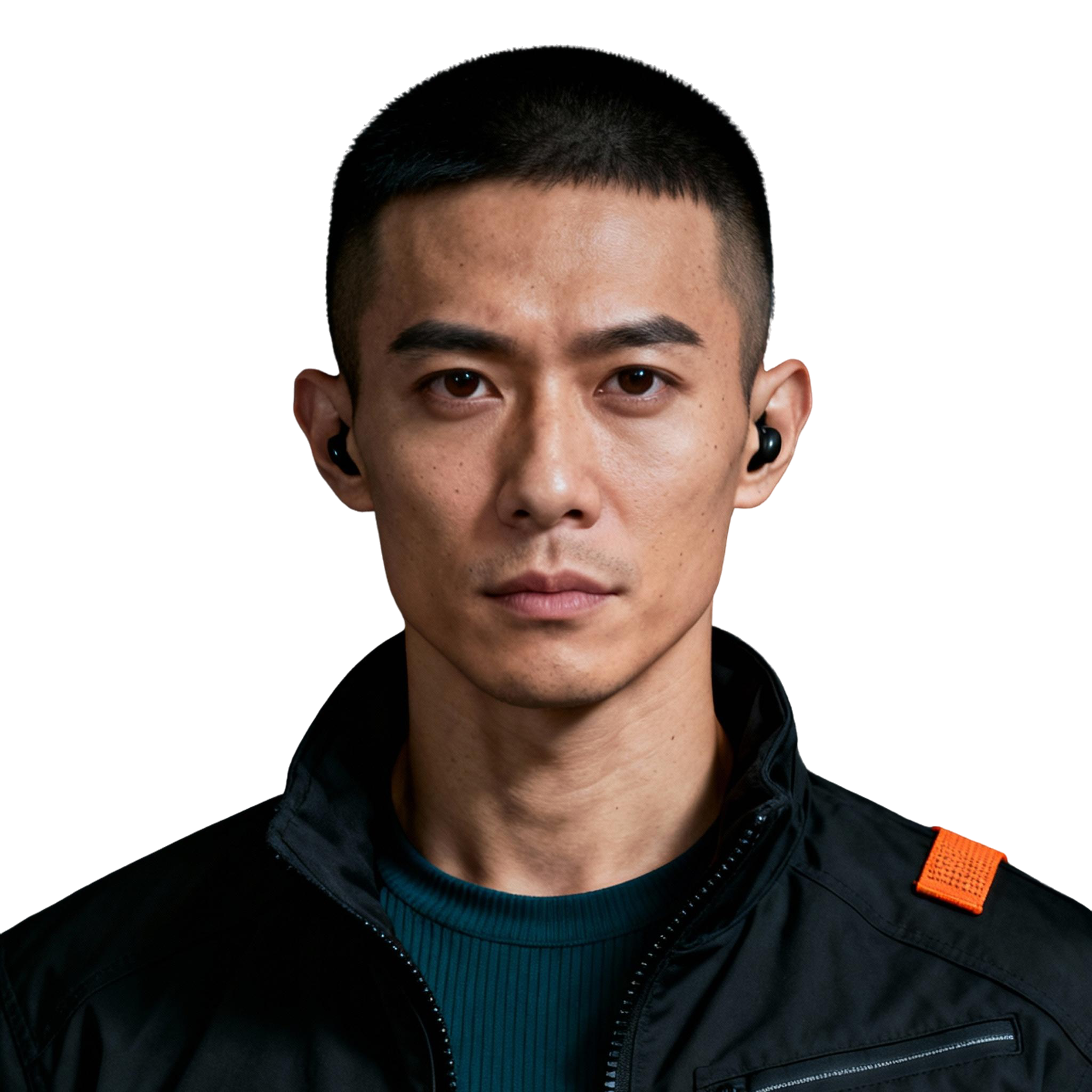 AI-generated portrait of a young man with closely cropped hair and earbuds, wearing a black technical jacket, posed with a neutral expression against a transparent background in directional lighting.