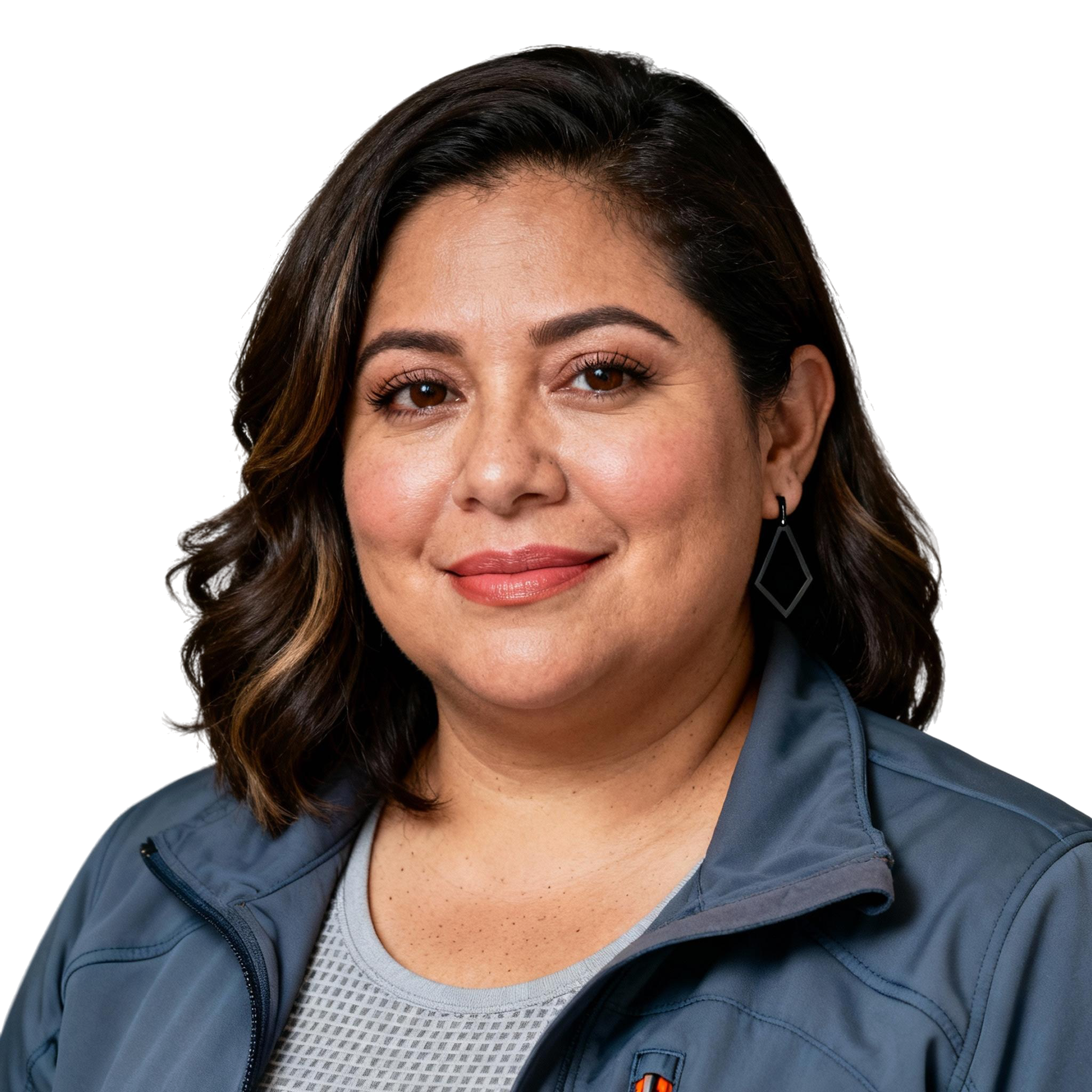 AI-generated portrait of a middle-aged woman with shoulder-length hair, wearing a gray technical jacket, posed with a relaxed expression against a transparent background in soft directional lighting.