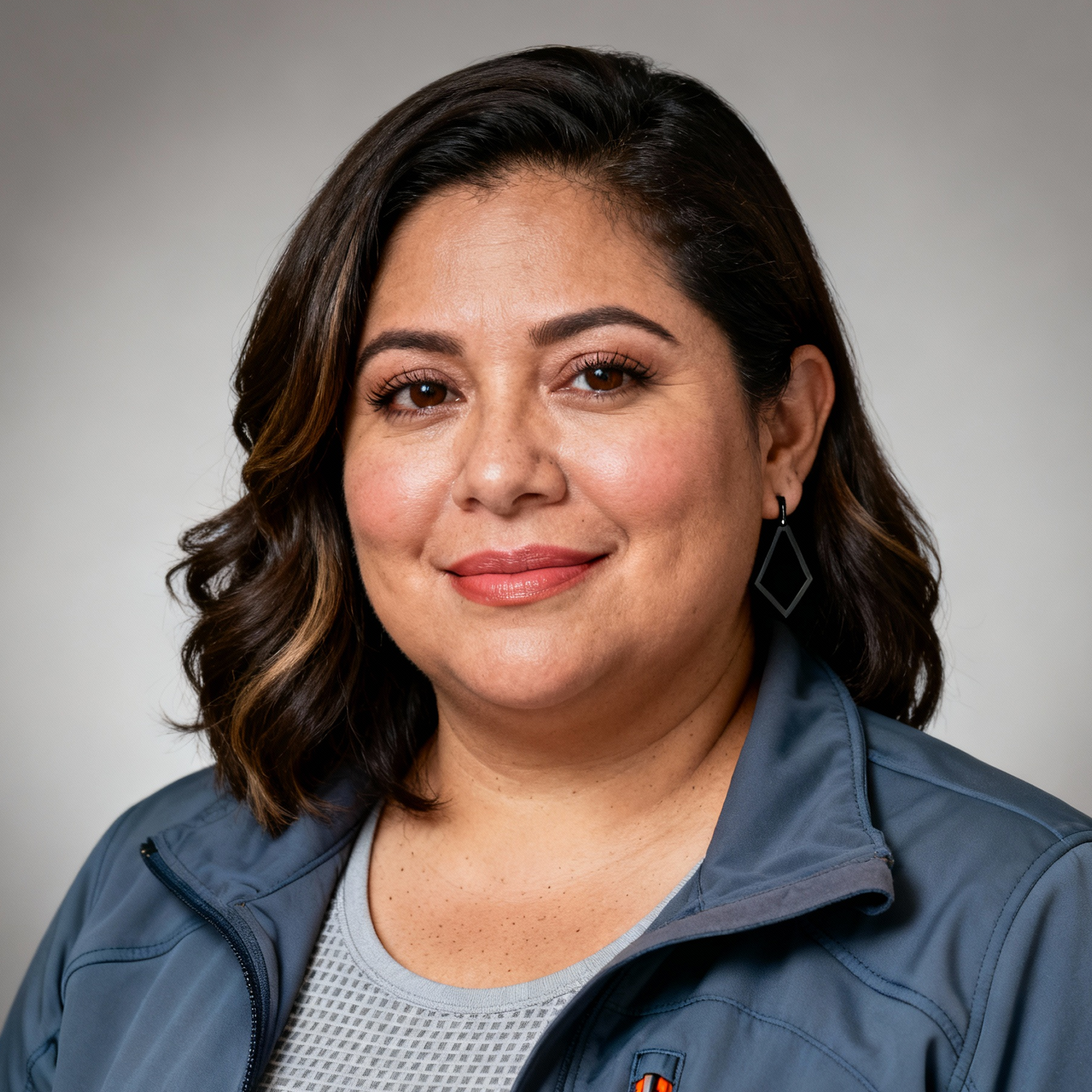 AI-generated portrait of a middle-aged woman with shoulder-length hair, wearing a gray technical jacket, posed with a relaxed expression against a light neutral background in soft directional lighting.
