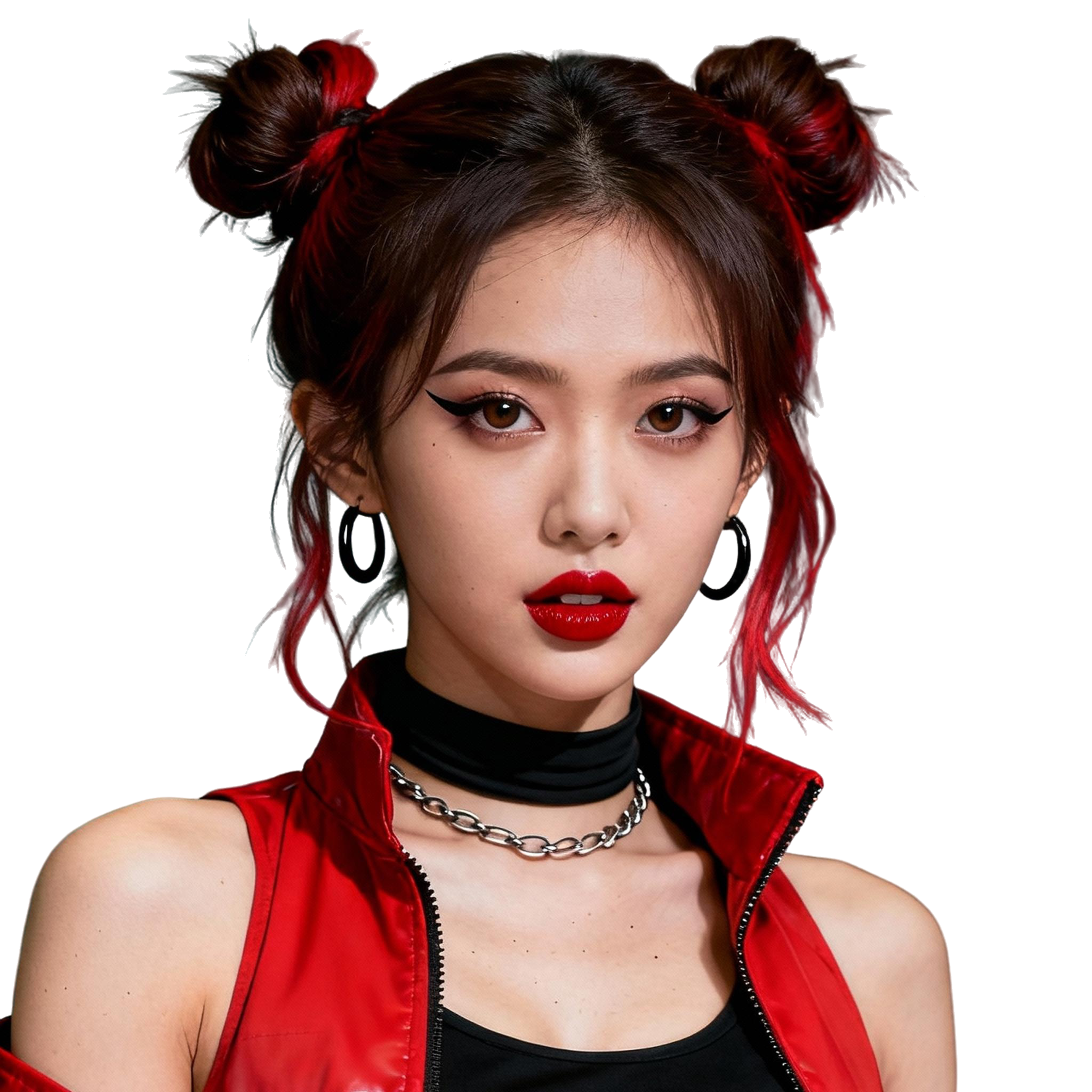 AI-generated portrait of a young woman with hair in double buns and bold eyeliner, wearing a red technical vest and black top, posed with an intense expression against a transparent background in directional lighting.