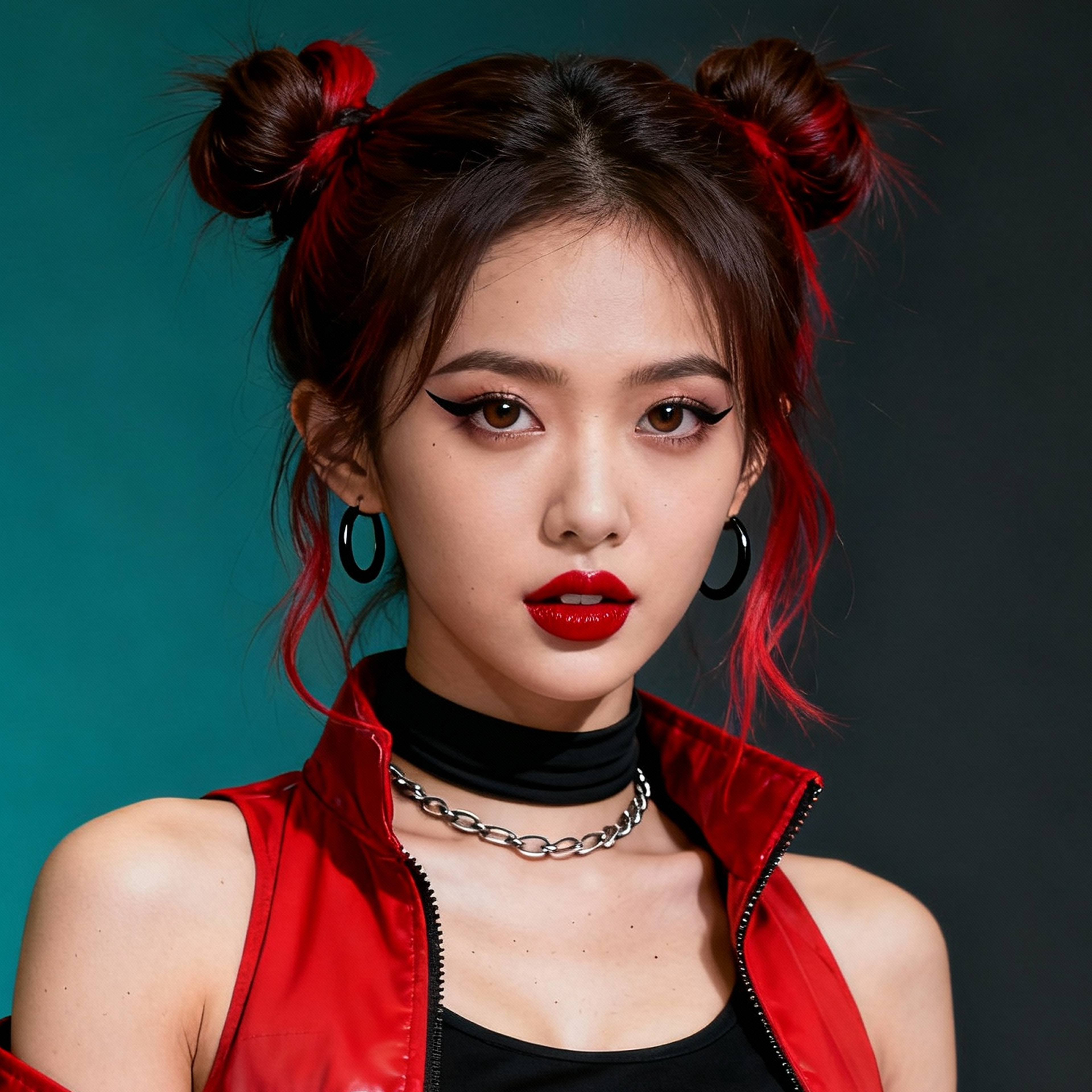 AI-generated portrait of a young woman with hair in double buns and bold eyeliner, wearing a red technical vest and black top, posed with an intense expression against a teal background in directional lighting.