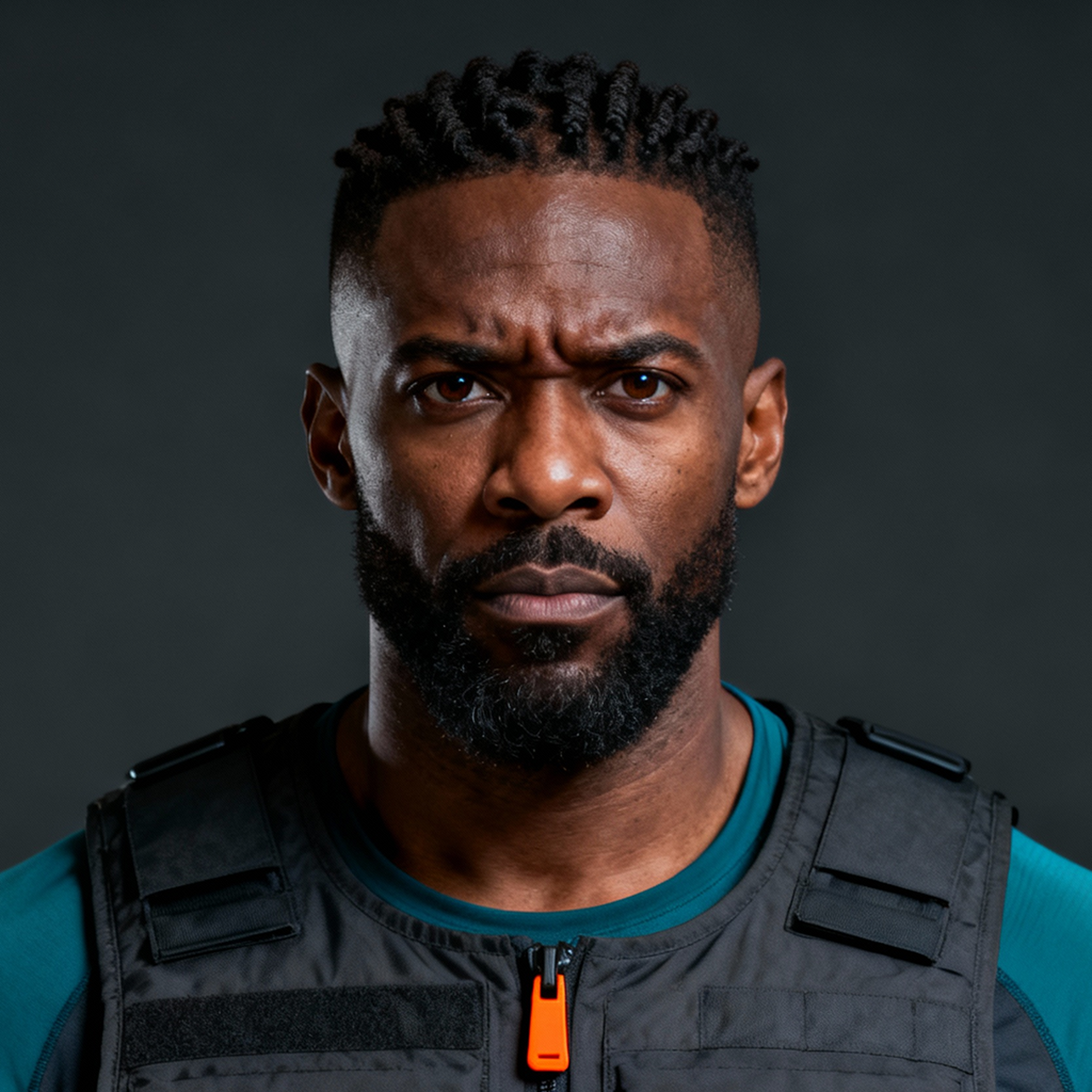 AI-generated portrait of a young man with short textured hair and a trimmed beard, wearing a dark tactical vest over a teal shirt, posed with a serious expression against a dark background in directional lighting.