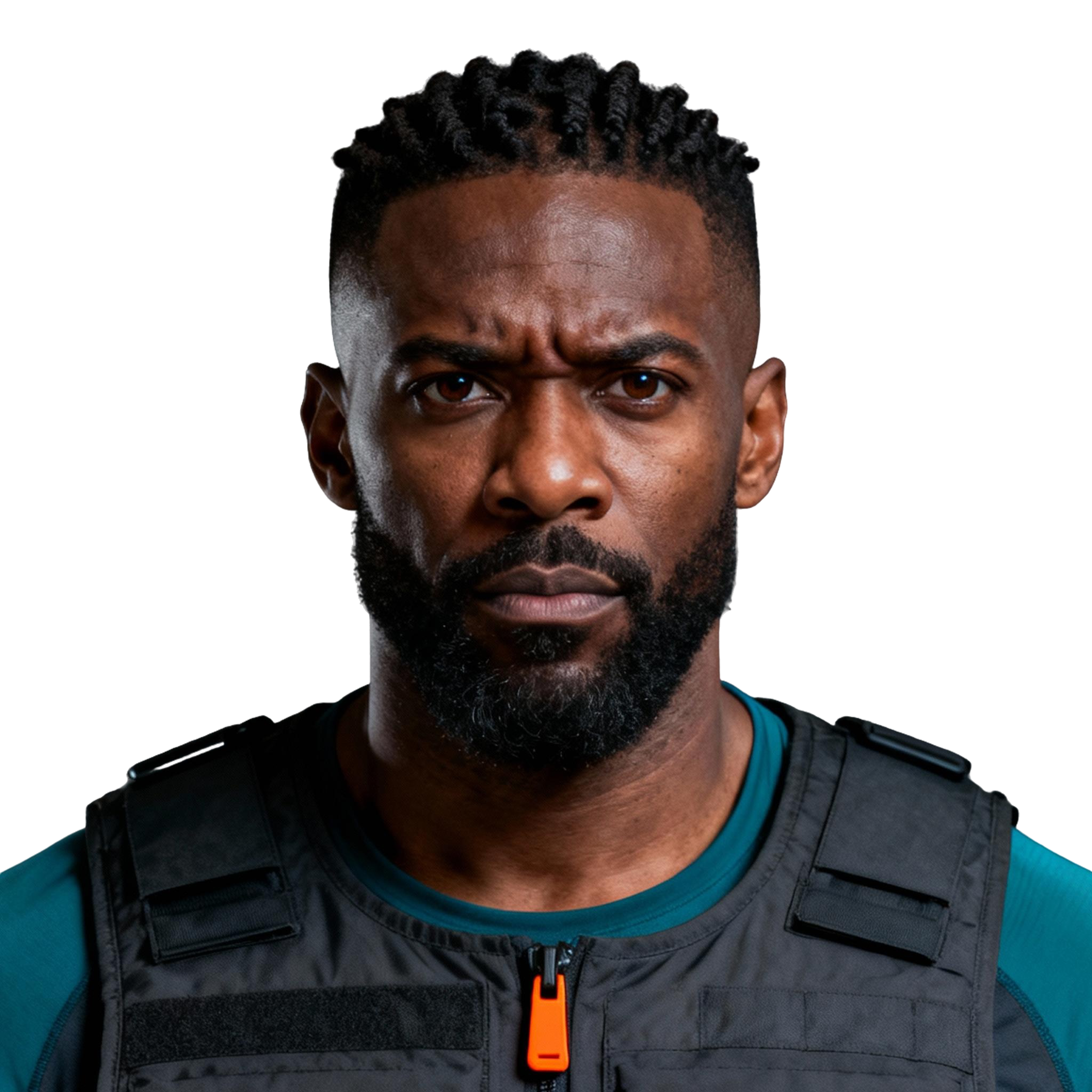 AI-generated portrait of a young man with short textured hair and a trimmed beard, wearing a dark tactical vest over a teal shirt, posed with a serious expression against a transparent background in directional lighting.