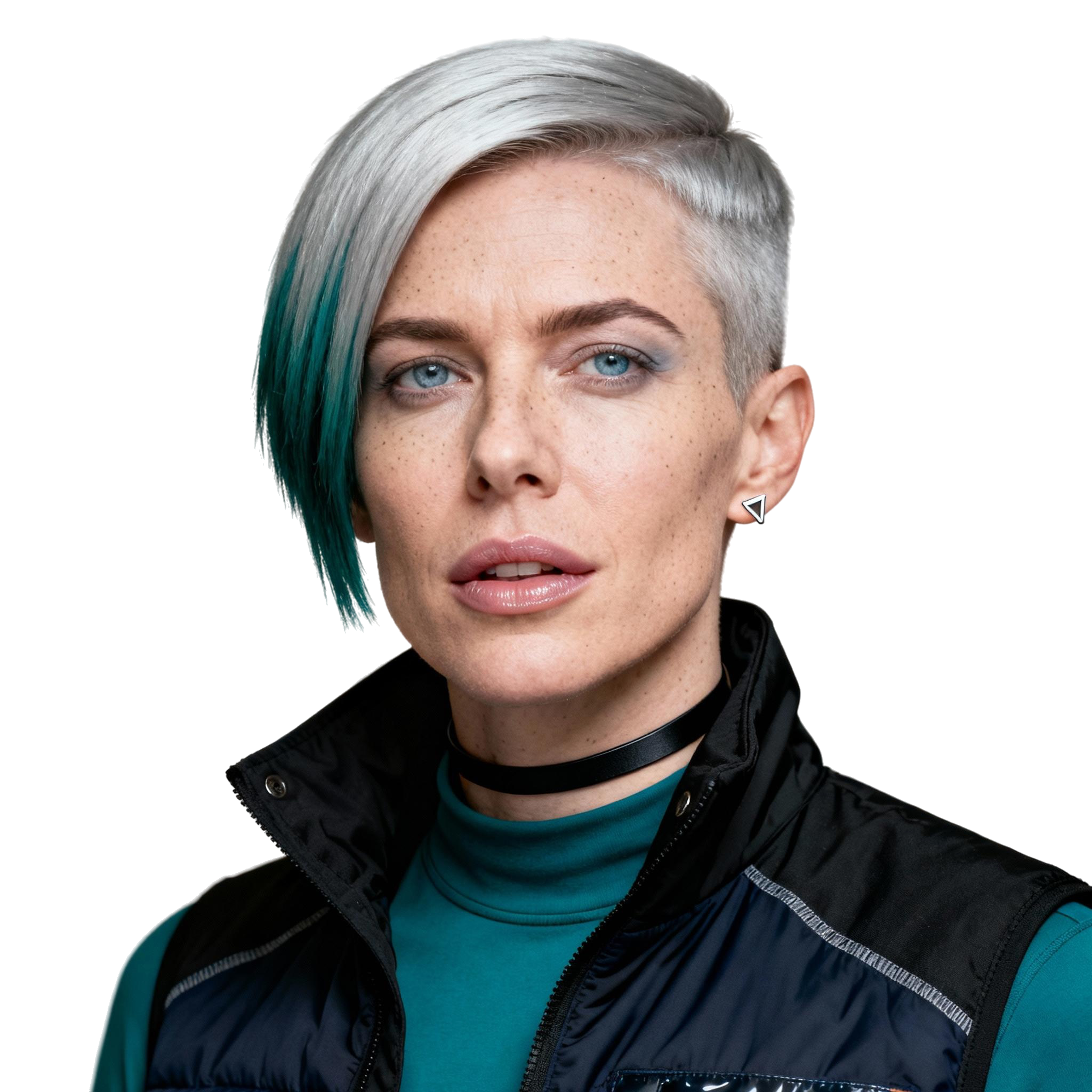 AI-generated portrait of a young woman with short asymmetrical hair and a shaved side, wearing a black technical vest and high-neck top, posed with a neutral expression against a transparent background in directional lighting.