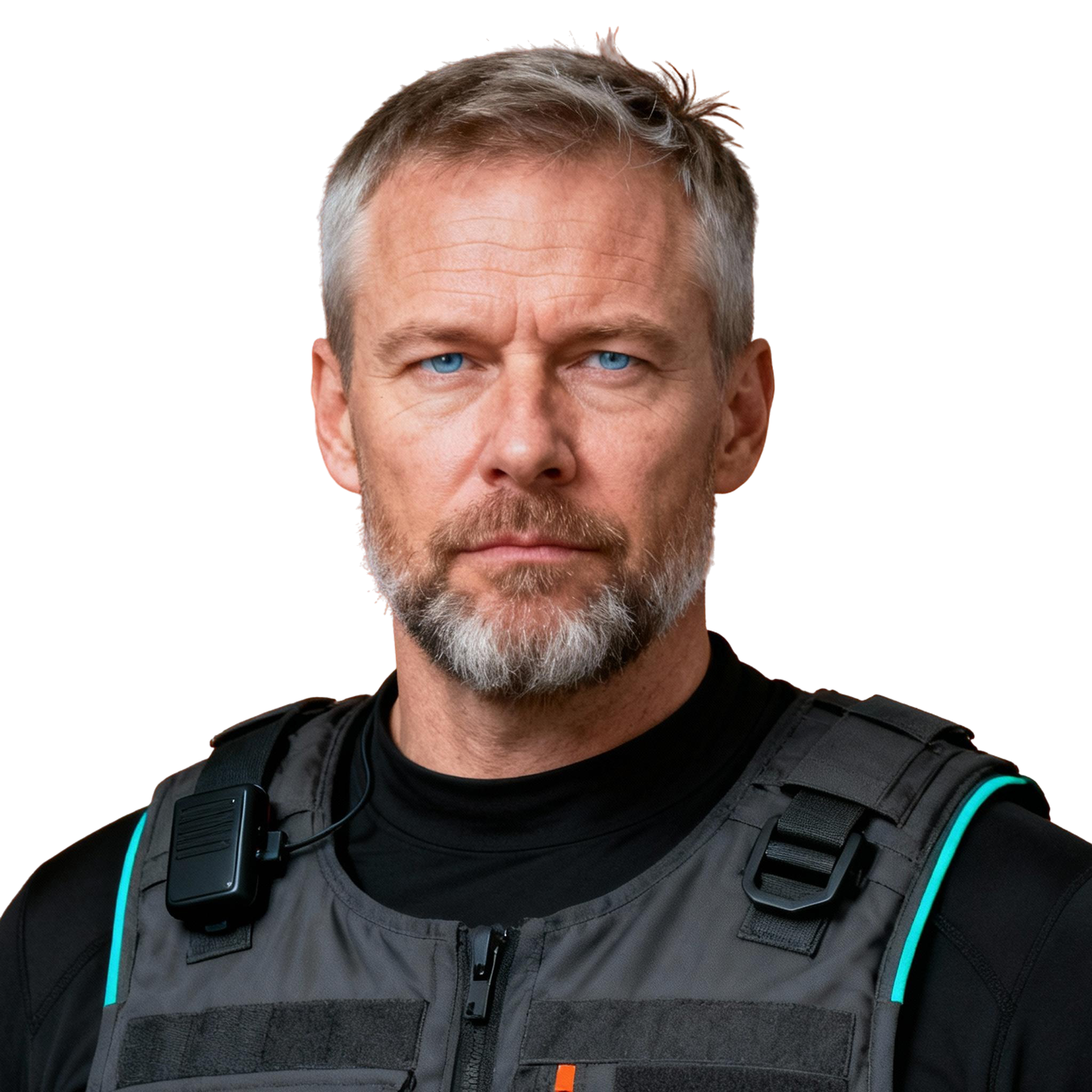 AI-generated portrait of a middle-aged man with short hair and a trimmed beard, wearing a dark tactical vest over a black shirt, posed with a serious expression against a transparent background in directional lighting.