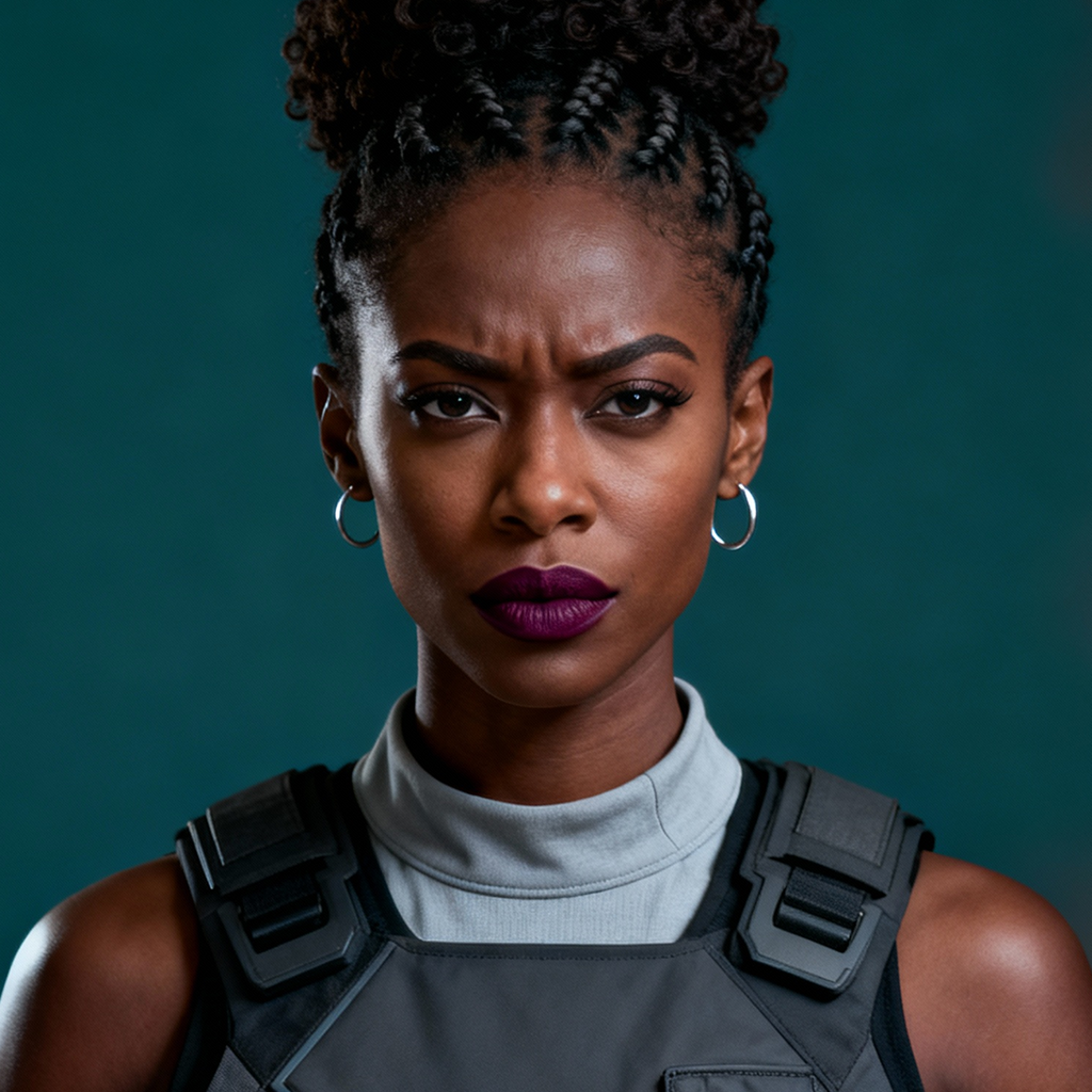 AI-generated portrait of a young woman with braided hair in a high bun, wearing a gray technical vest and sleeveless top, posed with a serious expression against a teal background in directional lighting.
