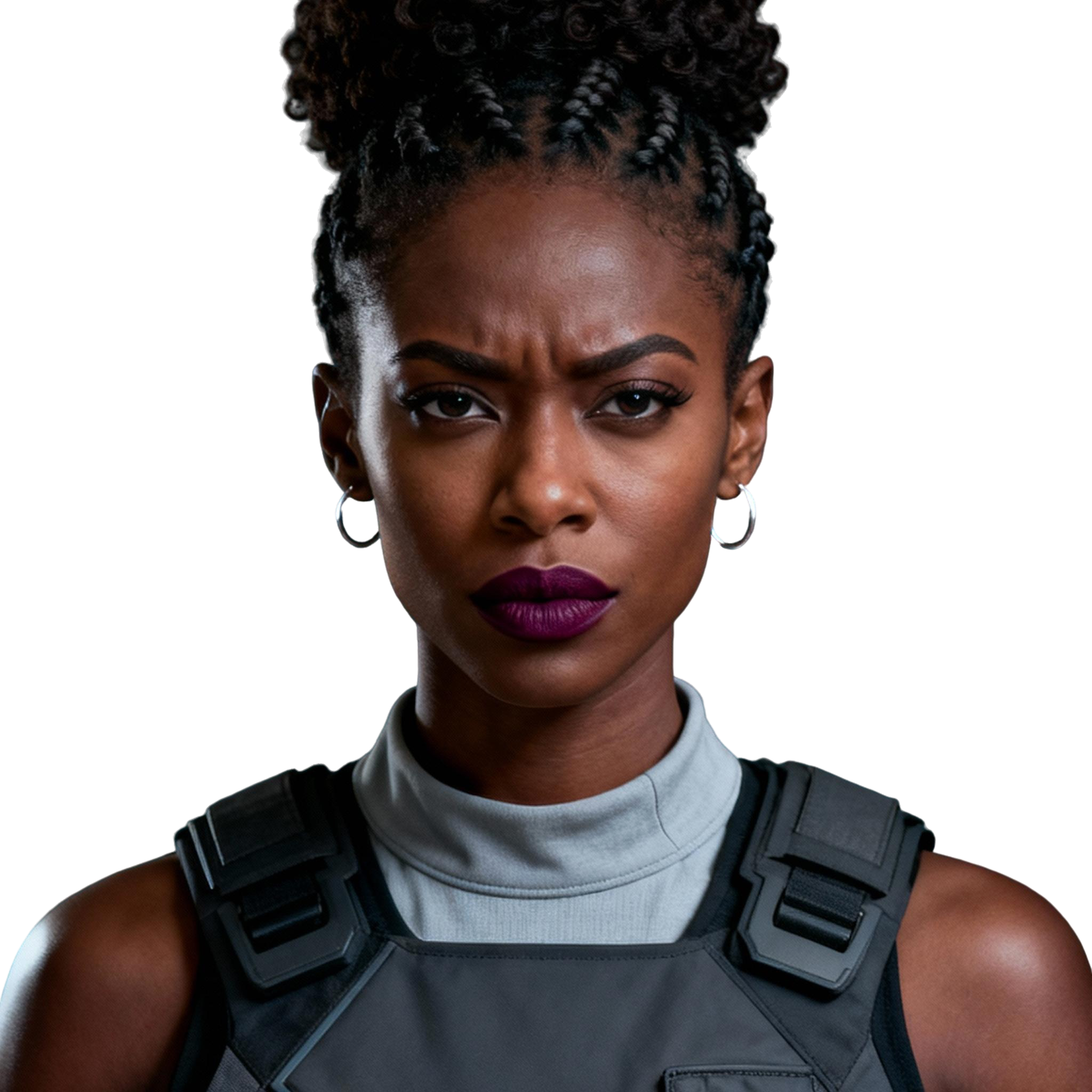 AI-generated portrait of a young woman with braided hair in a high bun, wearing a gray technical vest and sleeveless top, posed with a serious expression against a transparent background in directional lighting.