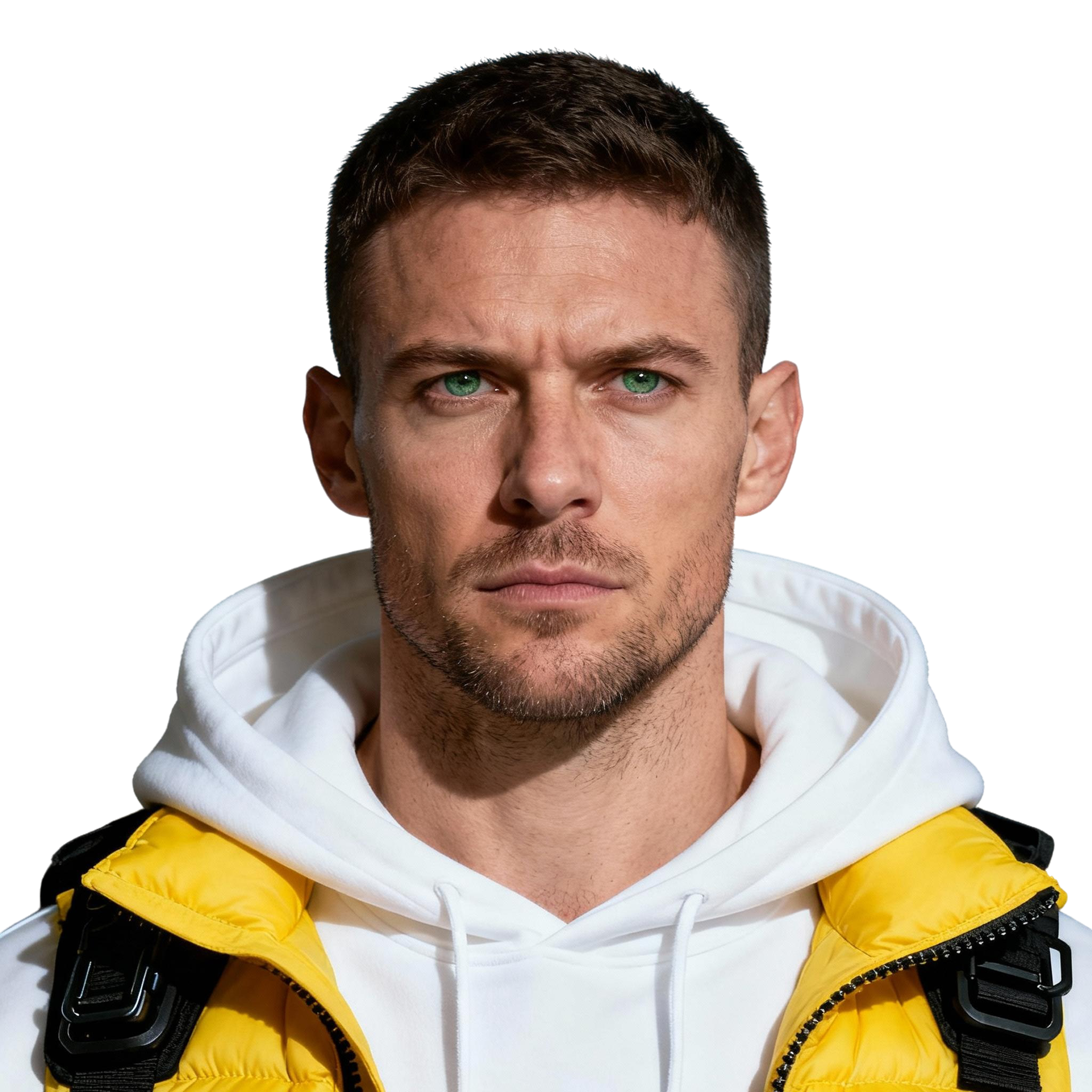 AI-generated portrait of a young man with short hair and light stubble, wearing a yellow technical jacket over a white hoodie, posed with a serious expression against a transparent background in directional lighting.
