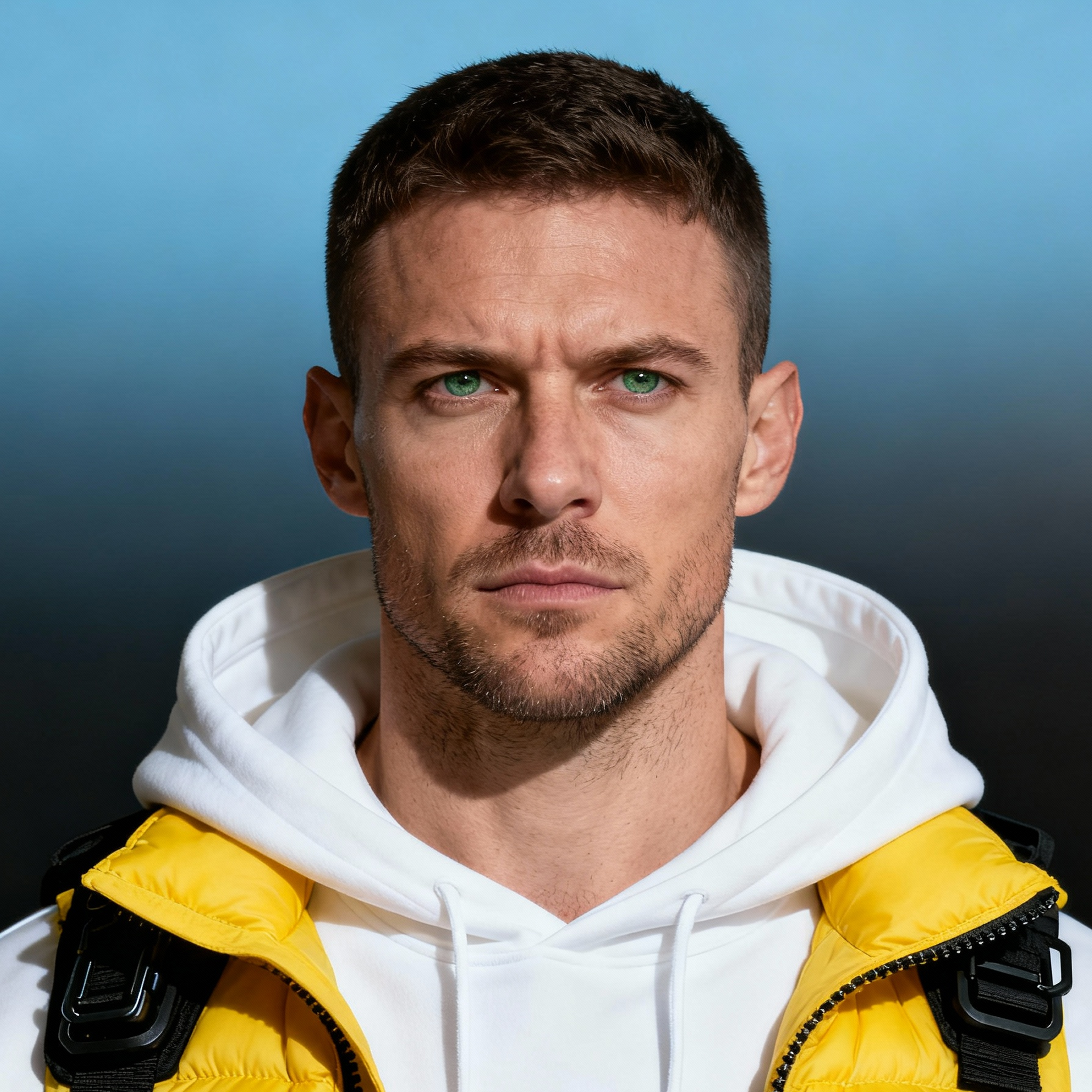 AI-generated portrait of a young man with short hair and light stubble, wearing a yellow technical jacket over a white hoodie, posed with a serious expression against a blue gradient background in directional lighting.