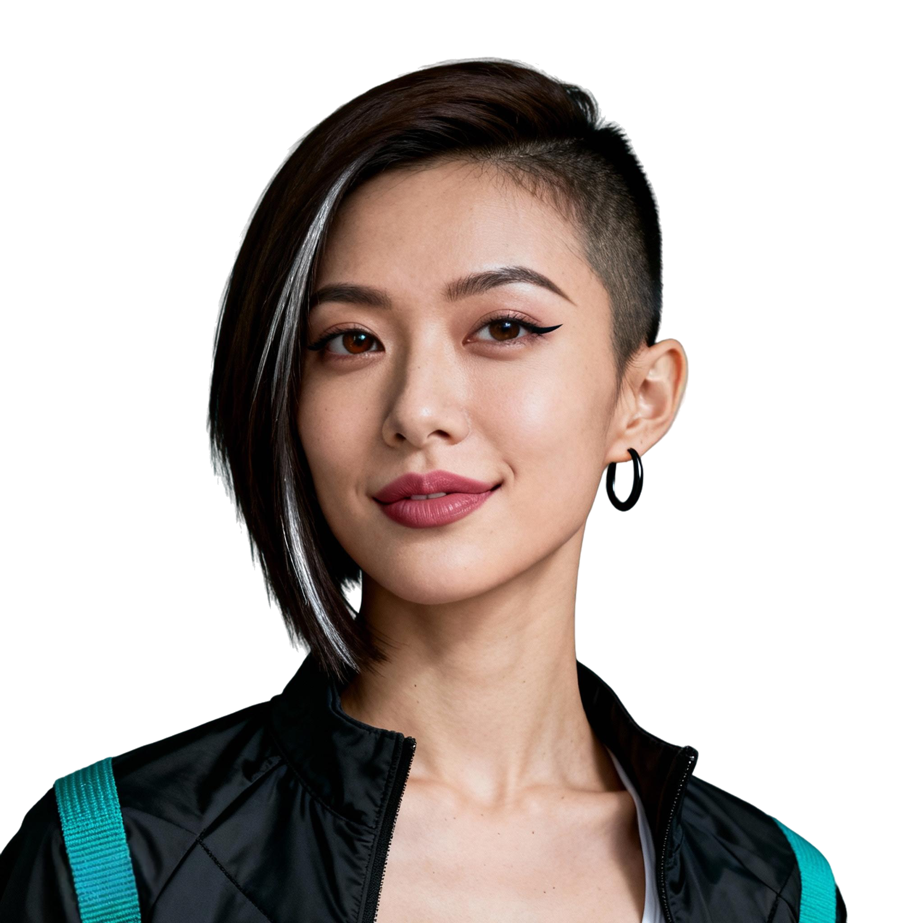 AI-generated portrait of a young woman with asymmetrical short hair, wearing a black technical jacket with teal straps, posed with a soft smile against a transparent background in directional lighting.