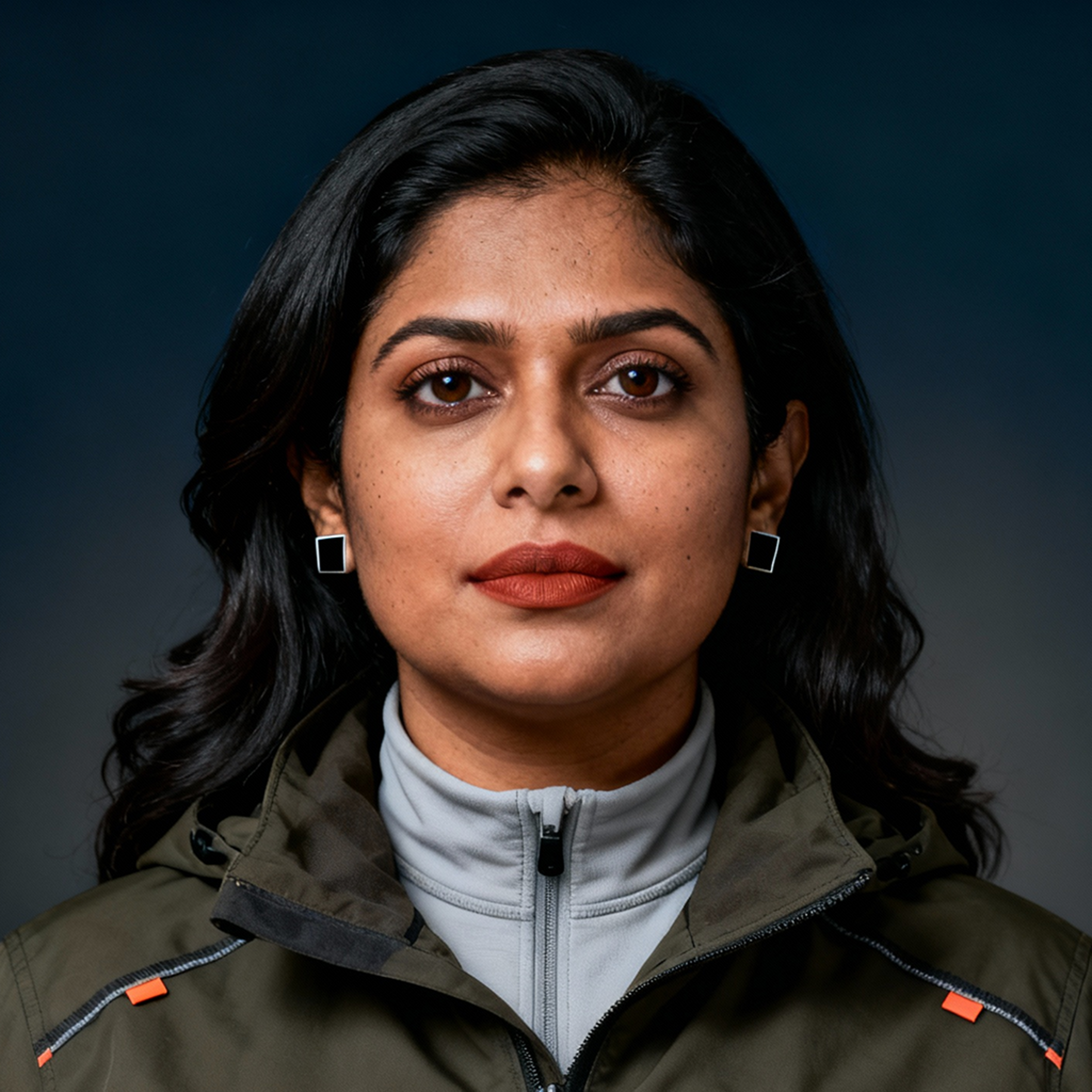 AI-generated portrait of a middle-aged woman with long dark hair, wearing an olive technical jacket over a high-neck top, posed with a neutral expression against a dark gradient background in directional lighting.