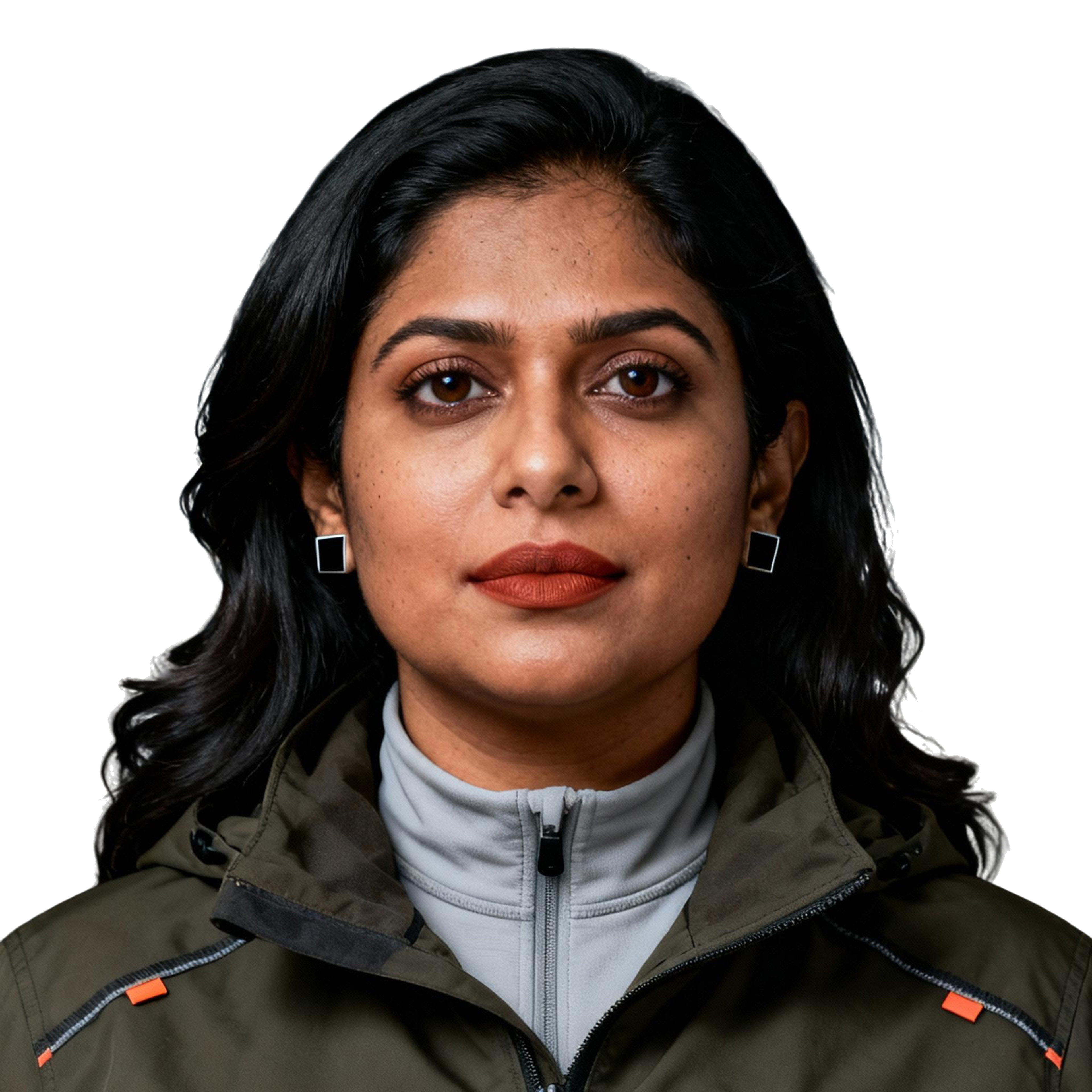 AI-generated portrait of a middle-aged woman with long dark hair, wearing an olive technical jacket over a high-neck top, posed with a neutral expression against a transparent background in directional lighting.
