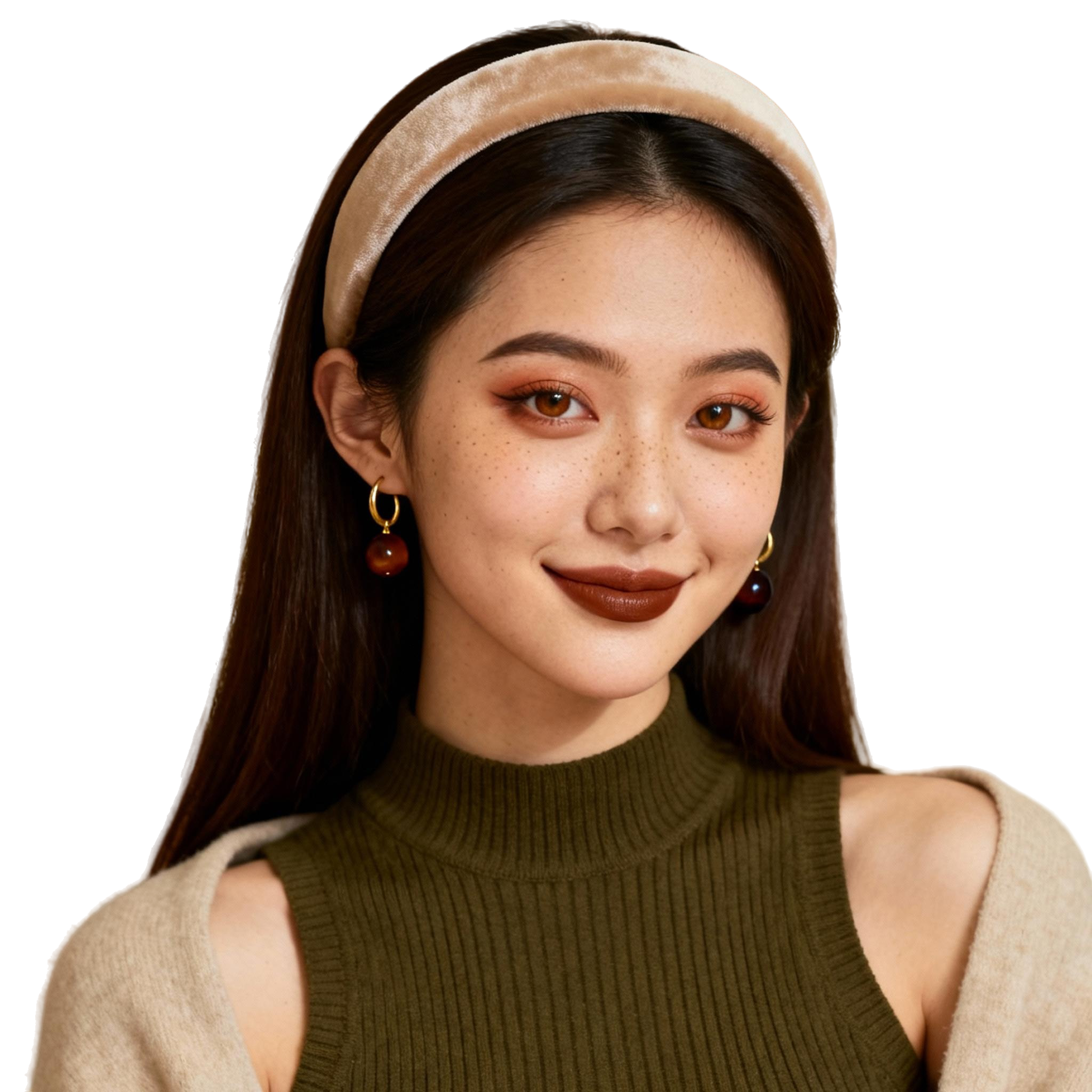 AI-generated portrait of a young woman with long straight hair and a headband, wearing a sleeveless knit top and cardigan, posed with a calm expression against a transparent background in soft window light.