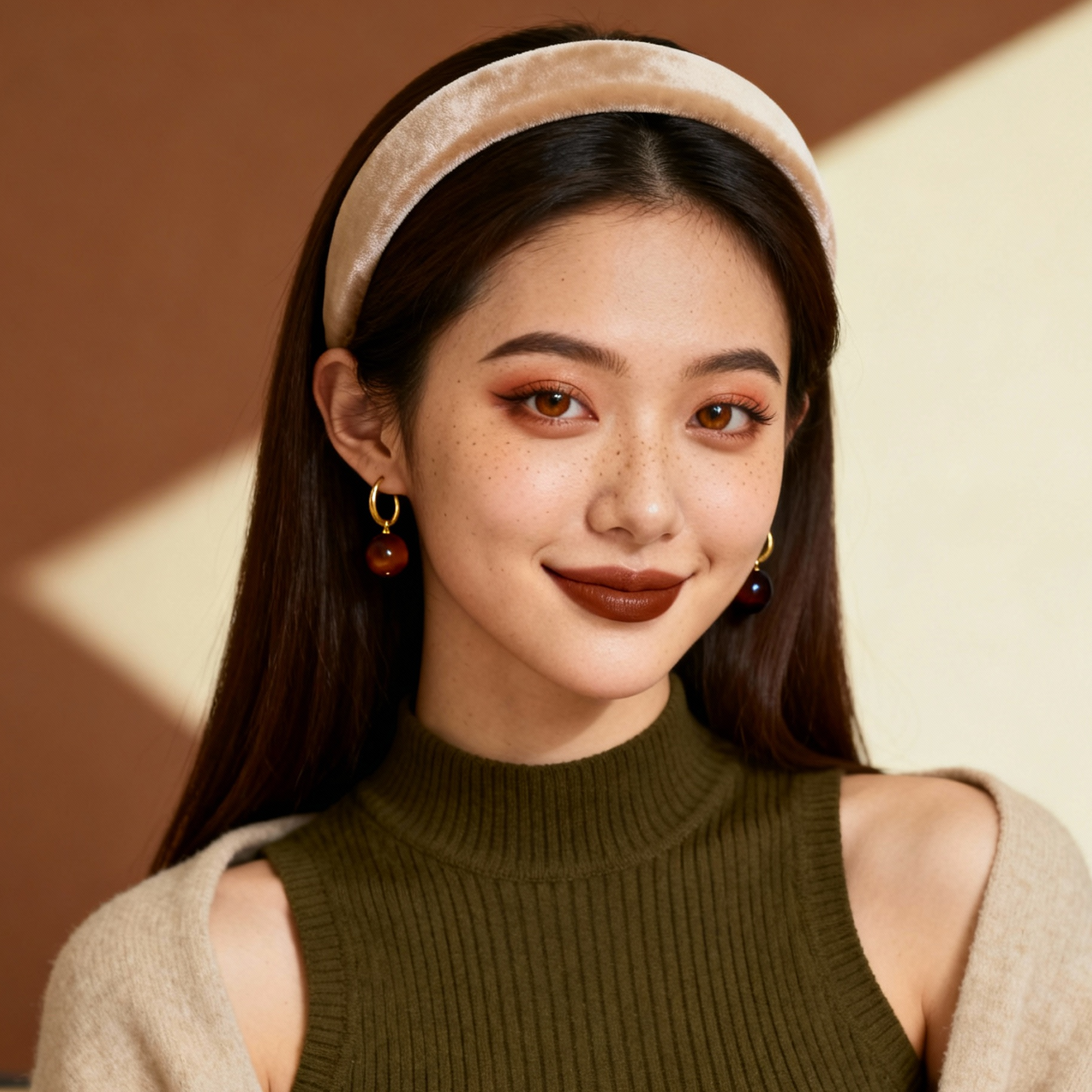 AI-generated portrait of a young woman with long straight hair and a headband, wearing a sleeveless knit top and cardigan, posed with a calm expression against a warm brown background in soft window light.