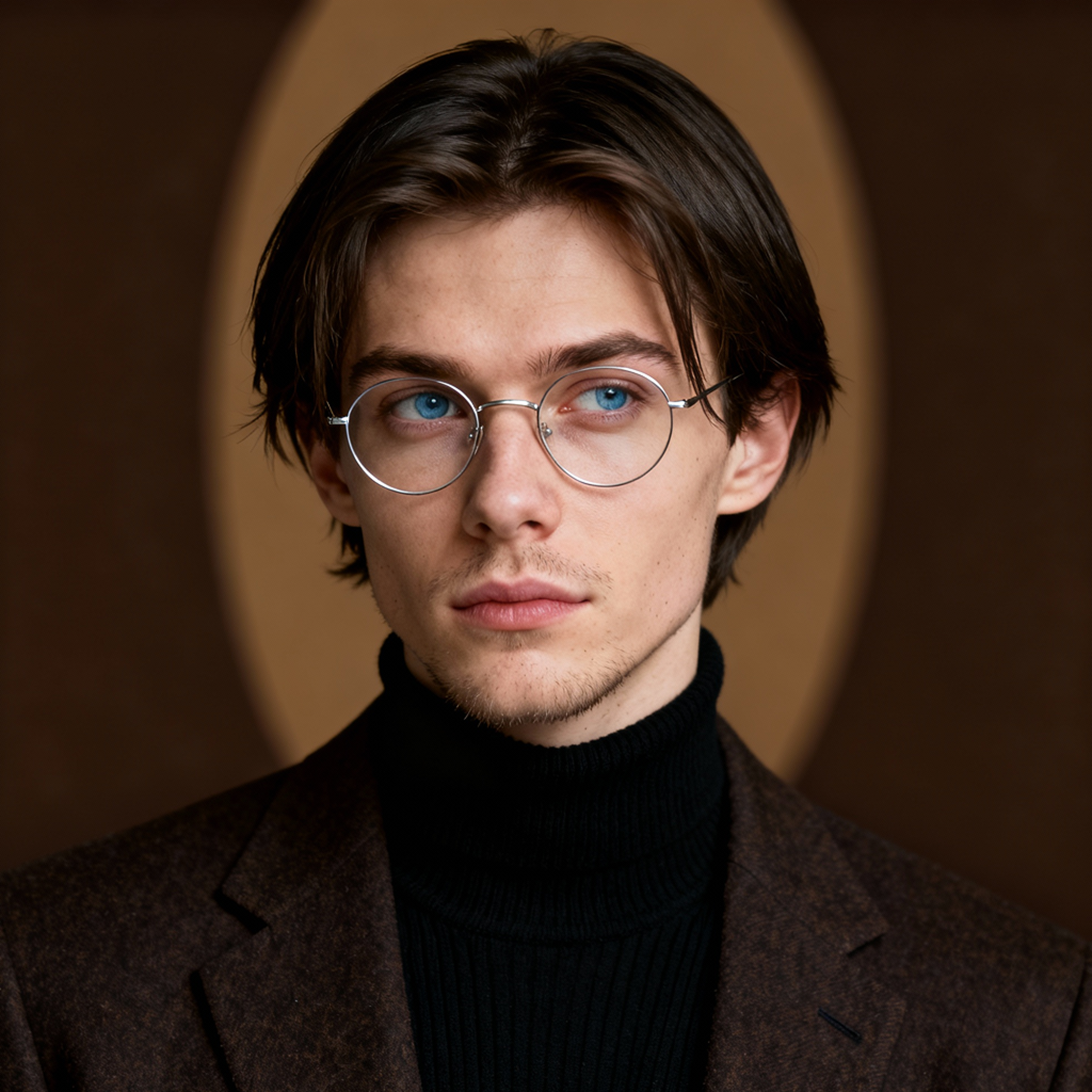 AI-generated portrait of a young man with medium-length hair and round glasses, wearing a dark turtleneck and blazer, posed with a distant expression against a brown background in moody light.