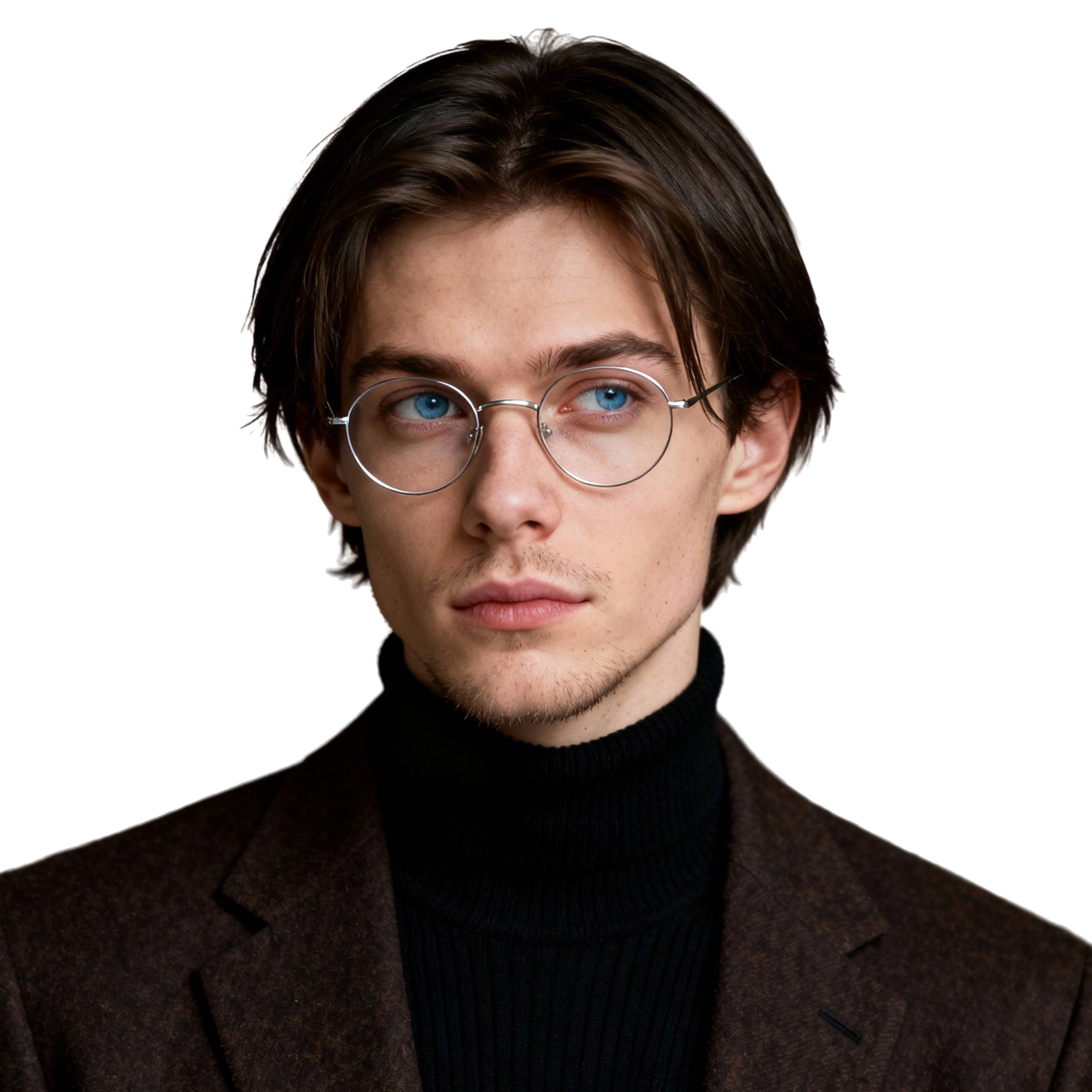AI-generated portrait of a young man with medium-length hair and round glasses, wearing a dark turtleneck and blazer, posed with a distant expression against a transparent background in moody light.
