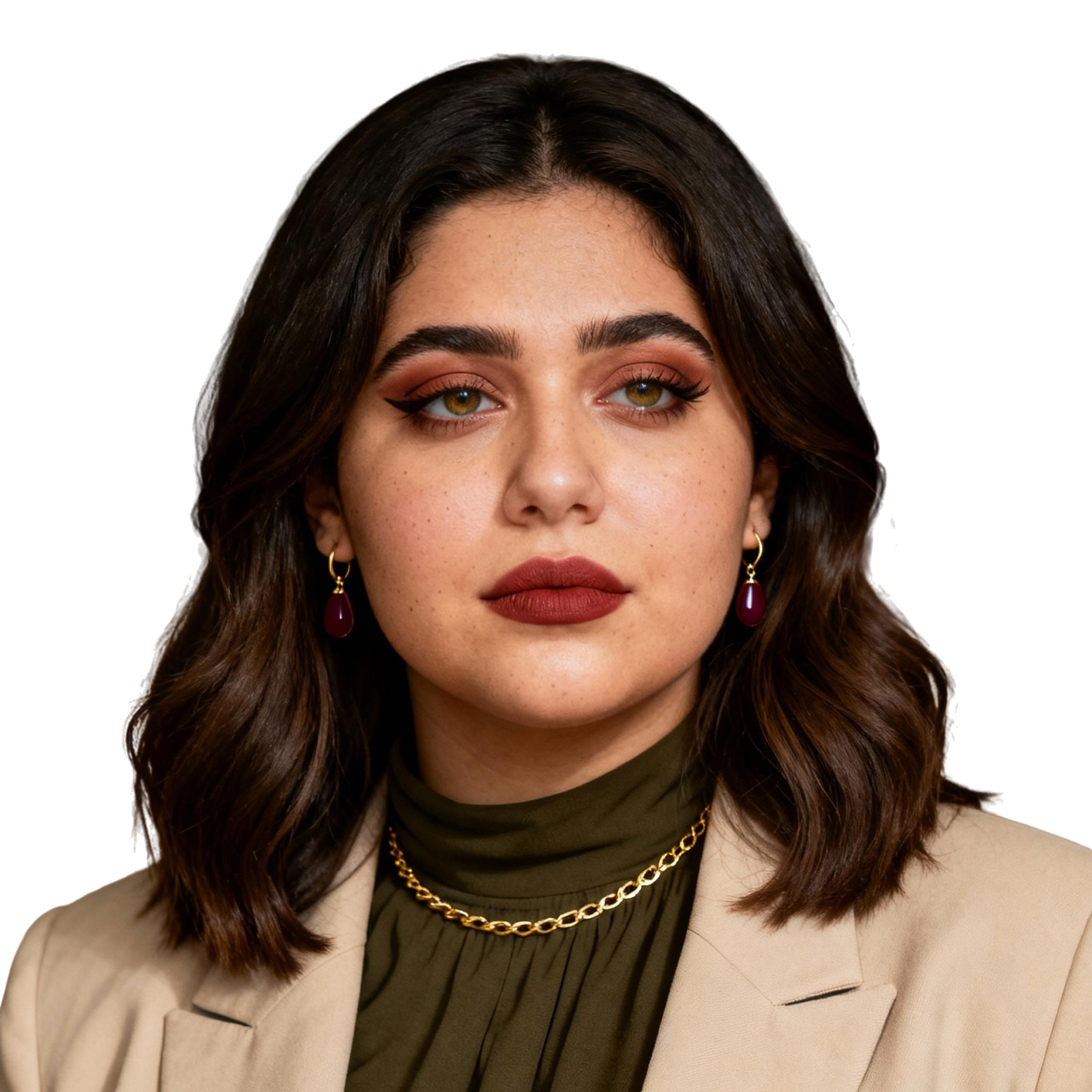 AI-generated portrait of a young woman with shoulder-length wavy hair and defined makeup, wearing a blazer over a high-neck top, posed with a composed expression against a transparent background in soft shadowed light.