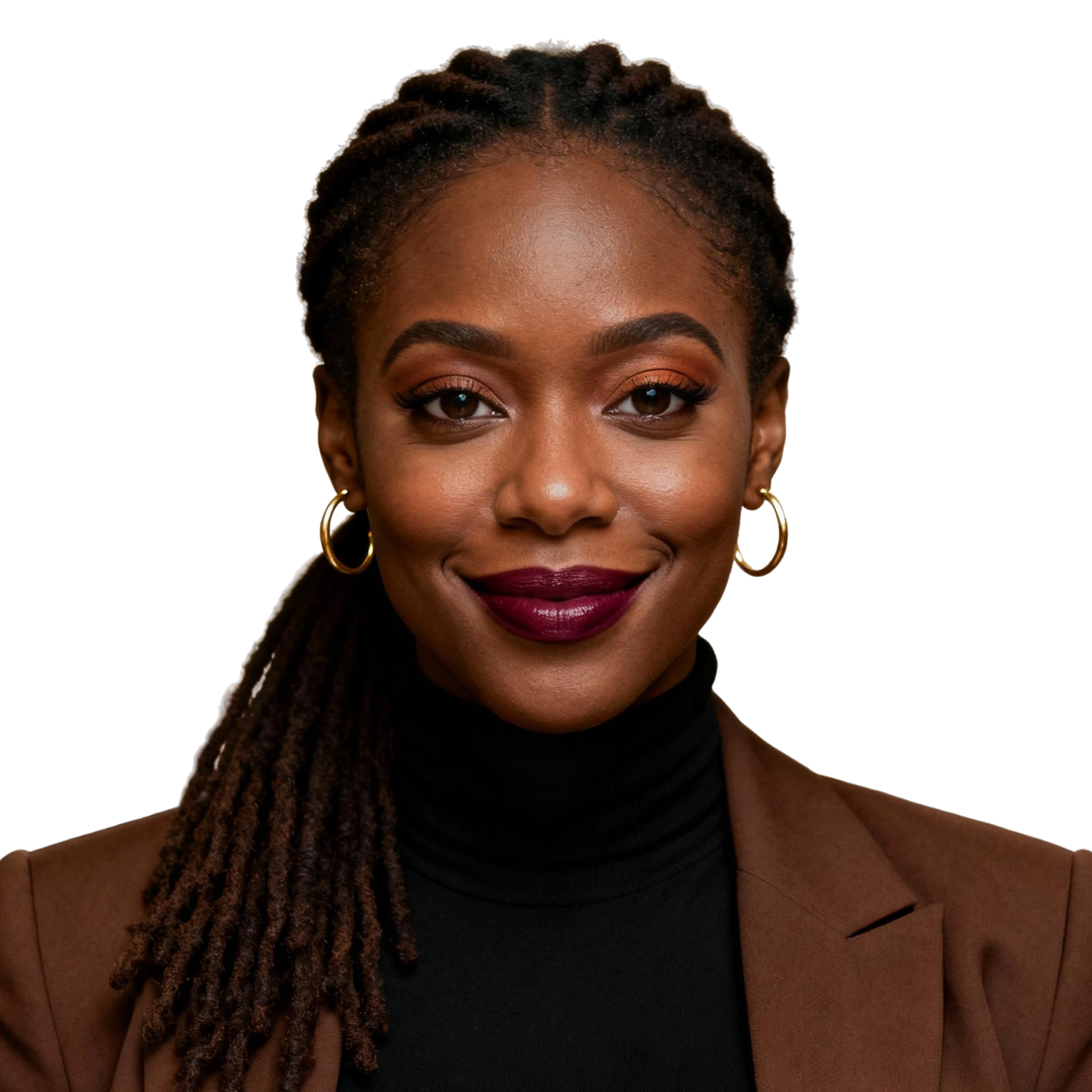 AI-generated portrait of a young woman with long locs pulled back and hoop earrings, wearing a dark turtleneck and blazer, posed with a soft smile against a transparent background in warm light.